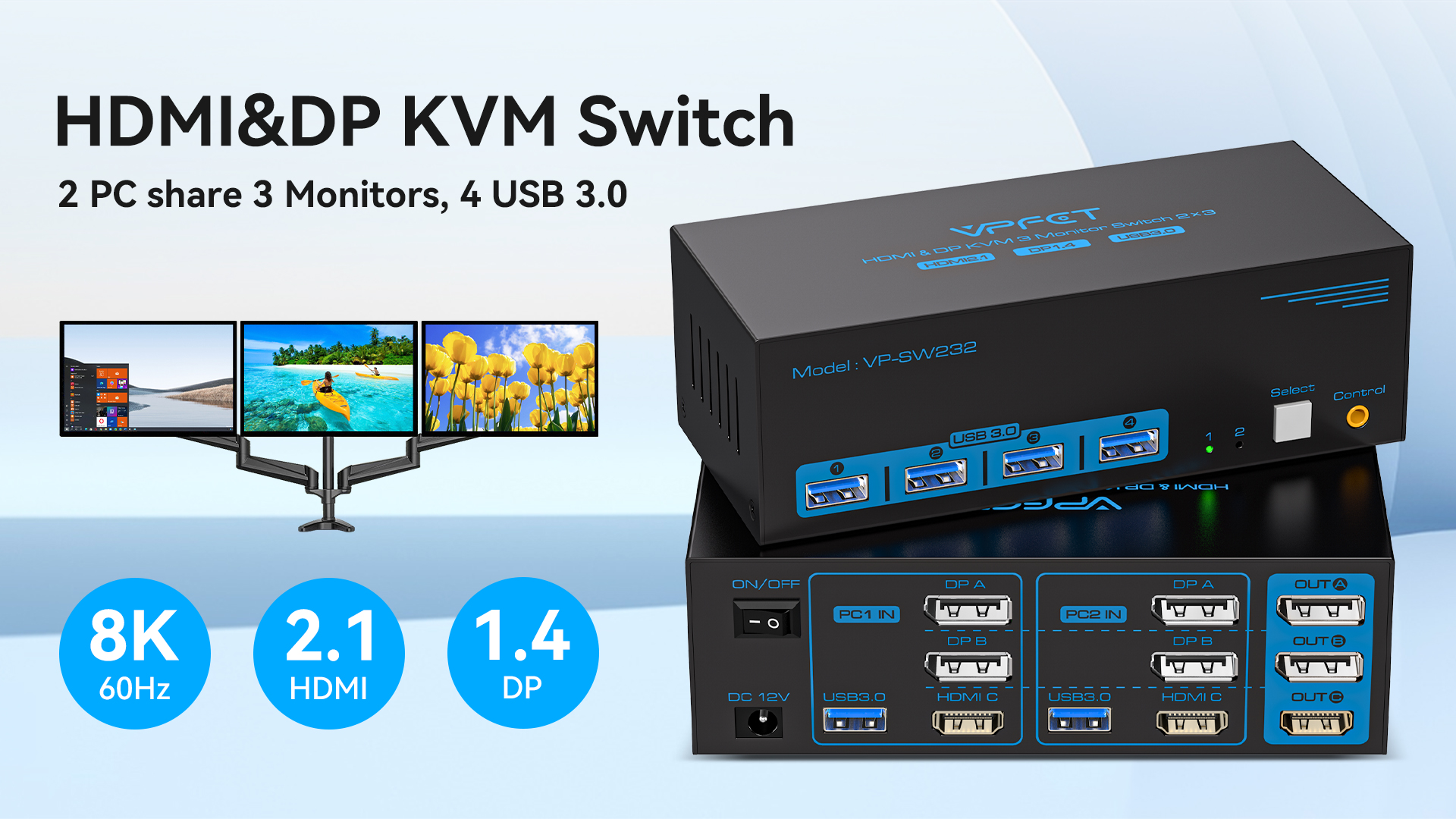 Image of 8K@60Hz HDMI Displayport KVM Switch 3 Monitors 2 Computers 4K@120Hz Triple Monitor KVM Switches for 2 PC Share 4 USB 3.0 Ports Support Extended & Copy Mode Desktop Controller 12V Adapter Included