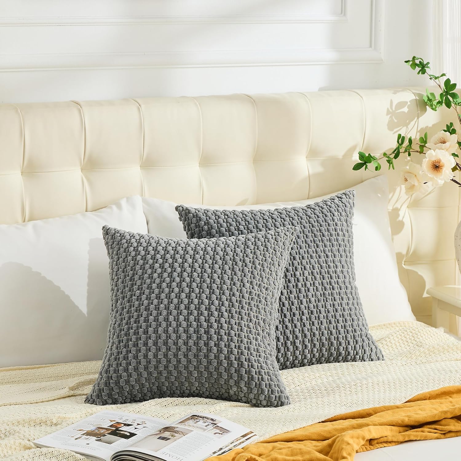 GAWAMAY Decorative Throw Pillow Covers 26x26 Inch Set of 2 for Living Room Couch Bed Sofa, Farmhouse Square Cushion Cover Soft Striped Corduroy Pillow Cases Boho Accent Home Decor (66x66cm) Grey