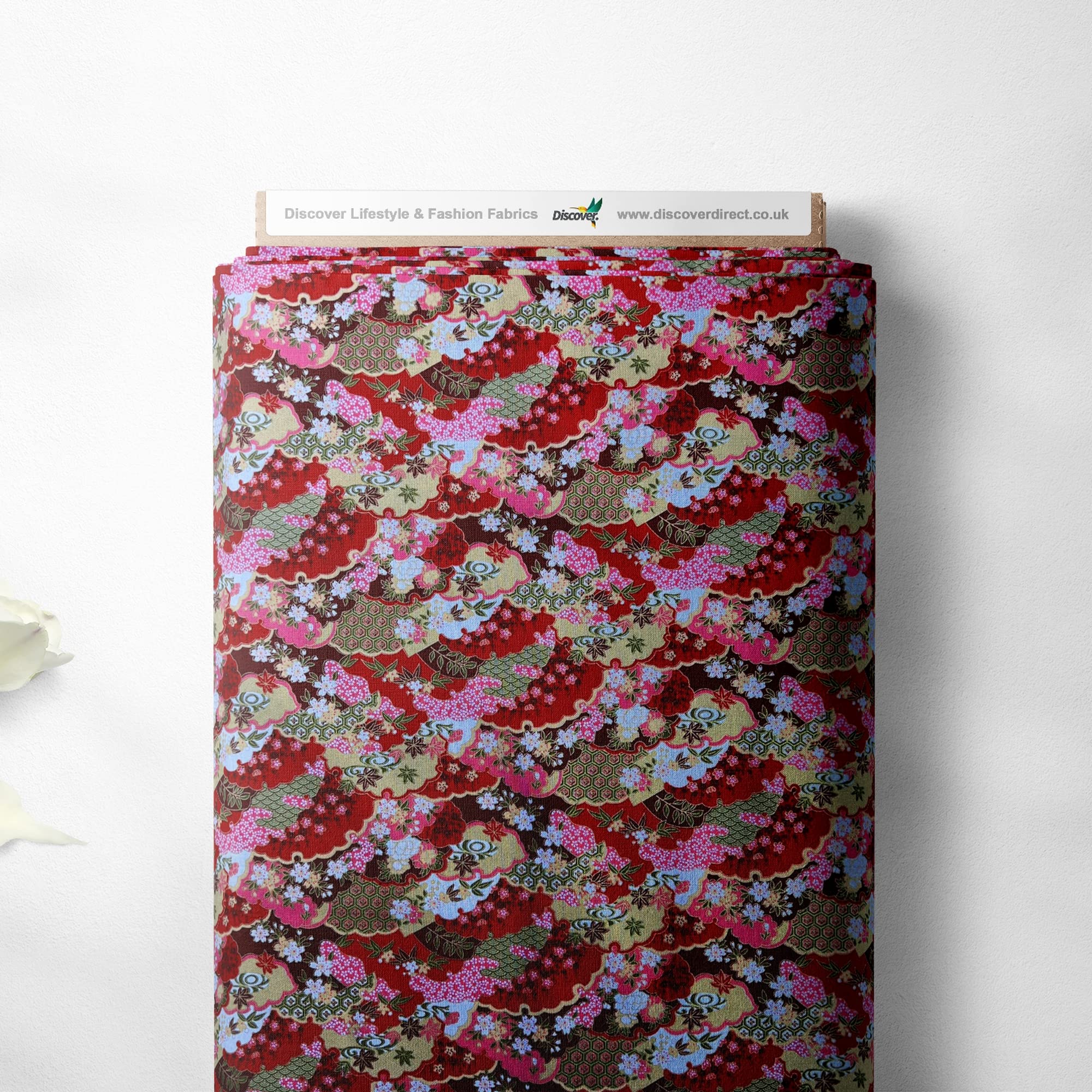 100% Cotton Isumi Japanese Rolling Floral Design Oriental Metallic Foil Quality Sewing Upholstery Furnishing Fabric Material | 57" - 147 cm Wide (per Half Metre, Blossom Hill Red)