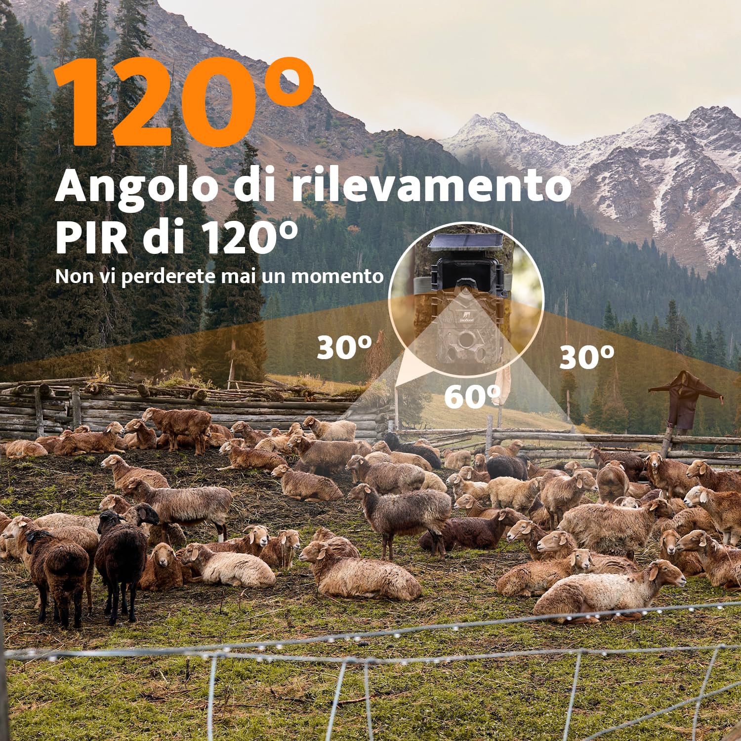 usogood Fototrappola Solare 4K 48 MP, Batteria al Litio da 2600 mAh Integrata, Fototrappola Notturna con Visione Notturna Attivata dal Movimento, Includere Scheda di Memoria da 32 GB IP66 Impermeabile