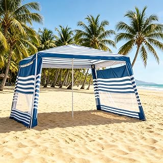 NORTHSKY Beach Cabana 8×8FT, Beach Canopy with 2 Pcs Side Wall,Beach Tent Sun Shelter,Easy Setup UPF 50+ Sun Shelter with Cup Holder-for Beach,Yard,Patio,Glassland, Blue & White Stripes