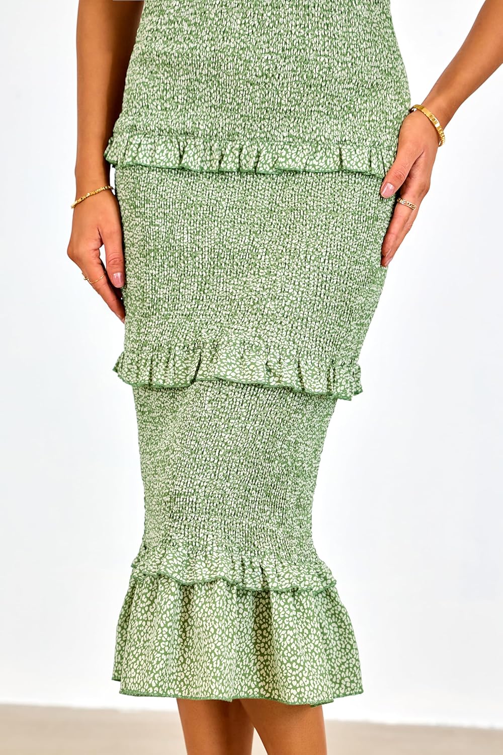 dowerme Women Summer Casual Floral Midi Smocked Bodycon Dresses Spaghetti Strap Square Neck Ruffle Mermaid Prom Dress - Image 5