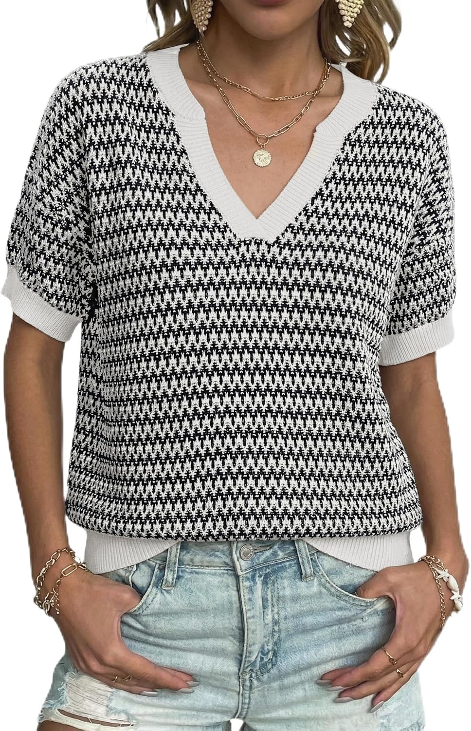 LaGracia Summer Sweaters for Women Short Sleeve Henley Neck Cotton Striped Cropped Sweaters Dressy Casual Outfits