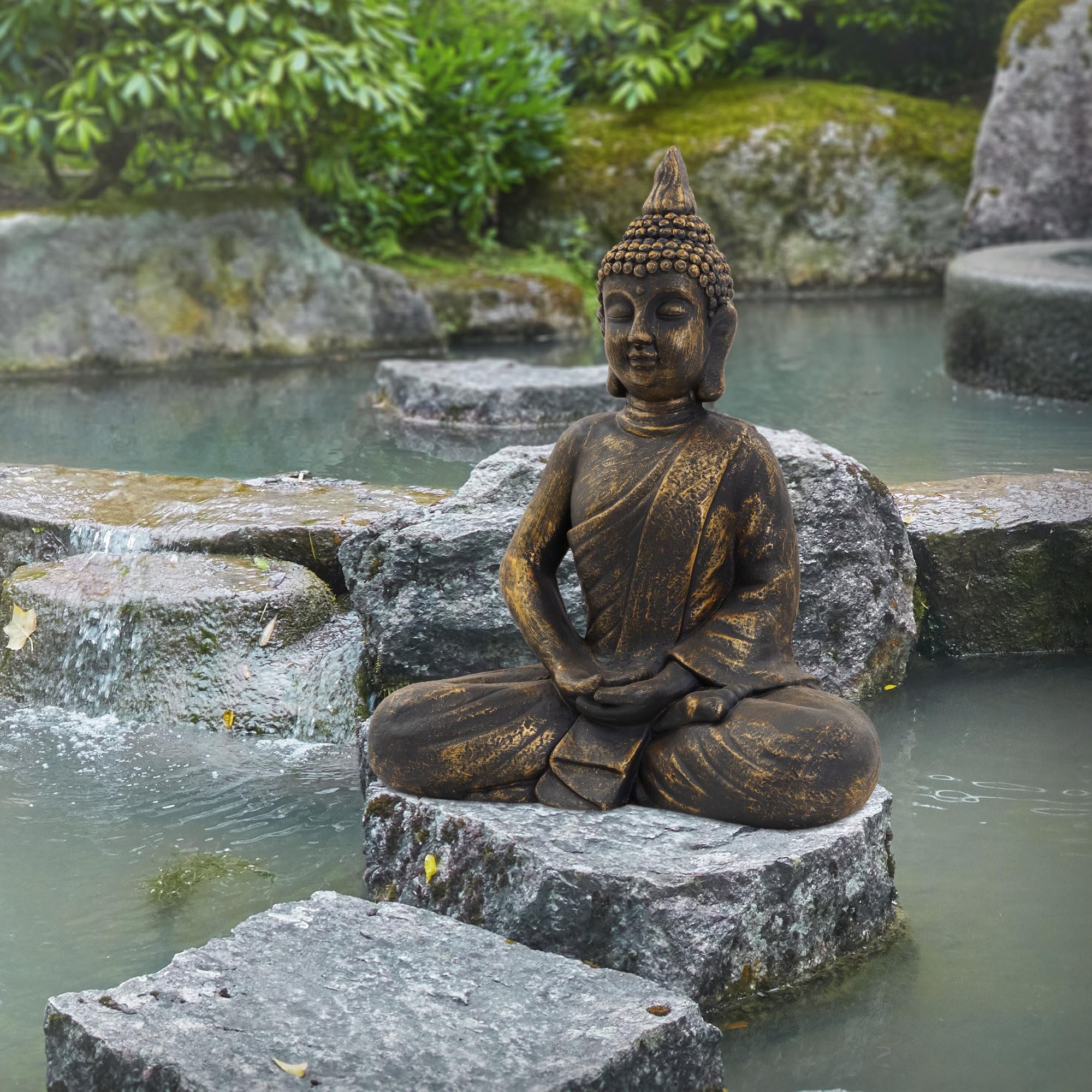 ECD Germany Figura Buddha Seduto 63 cm Poliresina Resistente Intemperie Bronzo Feng Shui Statua Zen Decorazione Giardino
