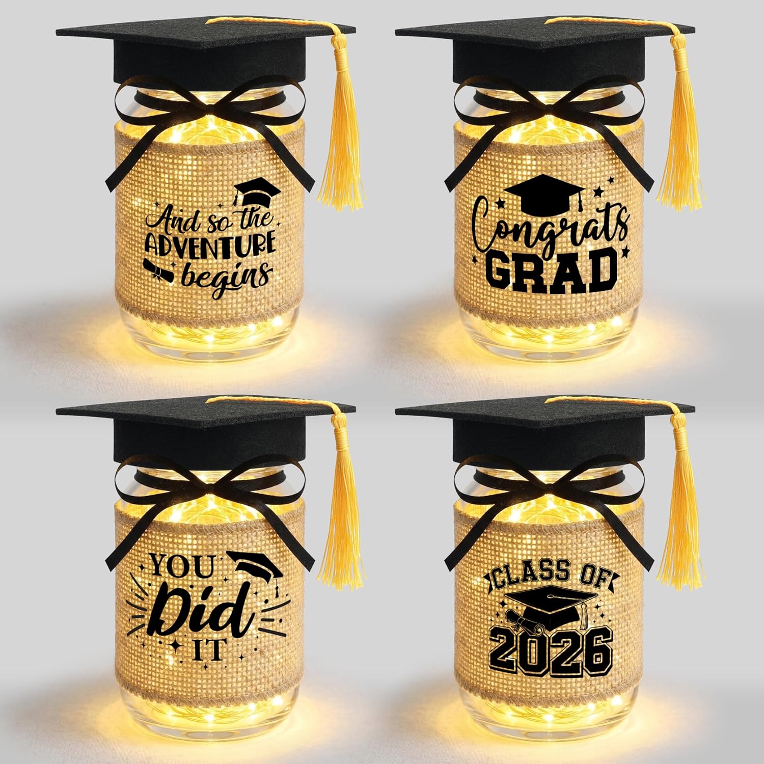 TREWAVE 4 Sets Graduation Centerpieces for Tables - Class of 2026 Graduation Decorations, Glass Mason Jars with Grad Caps & LED Lights for College High School Party Table Decor, Congrats Grad Gifts
