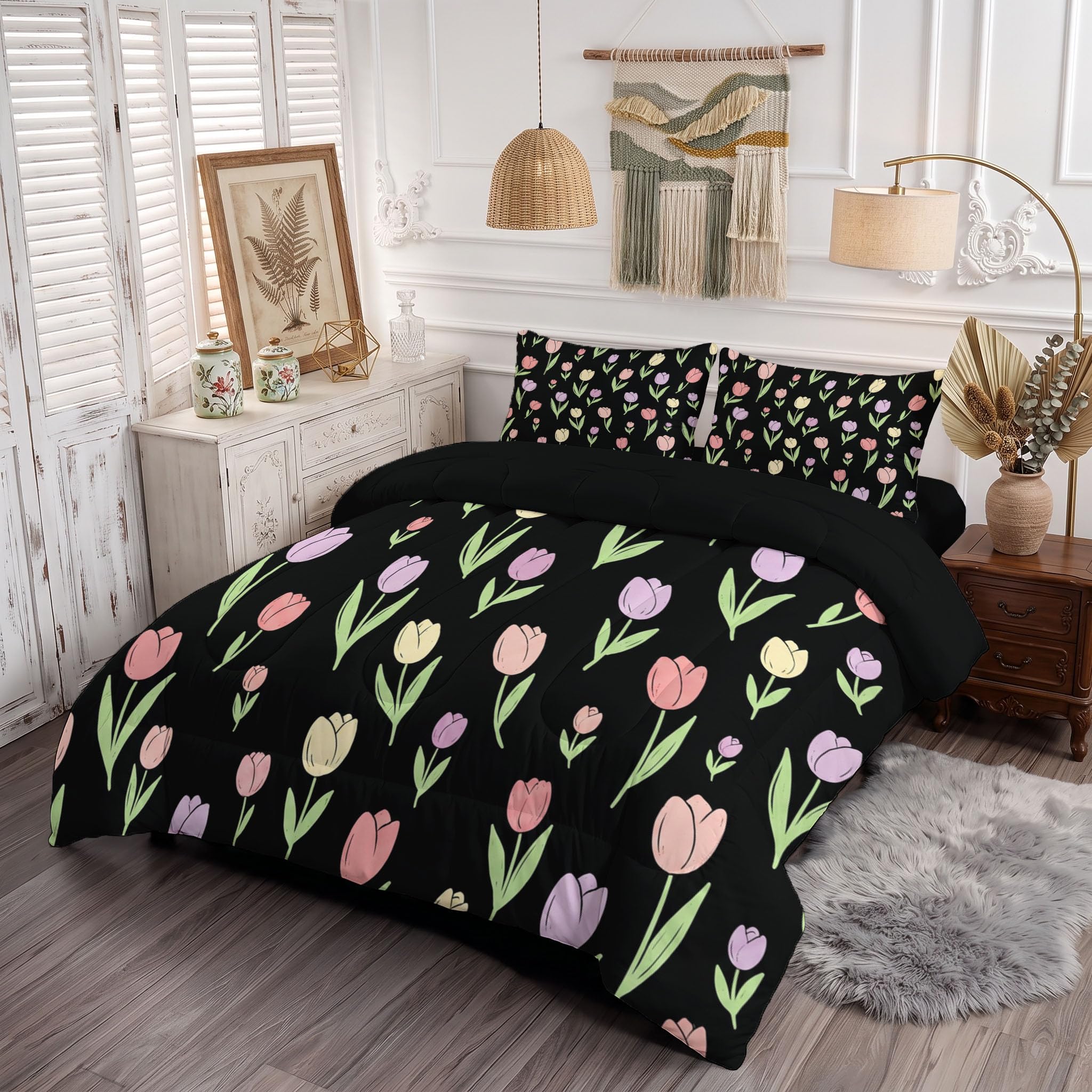 Copriletto Trapuntato Per Bambini Con Tulipano Dei Cartoni Animati | Trapunta Singolo Invernale, Nero, Piumone Caldo Morbido Piante Carine Per Decorazione Camera Da Letto