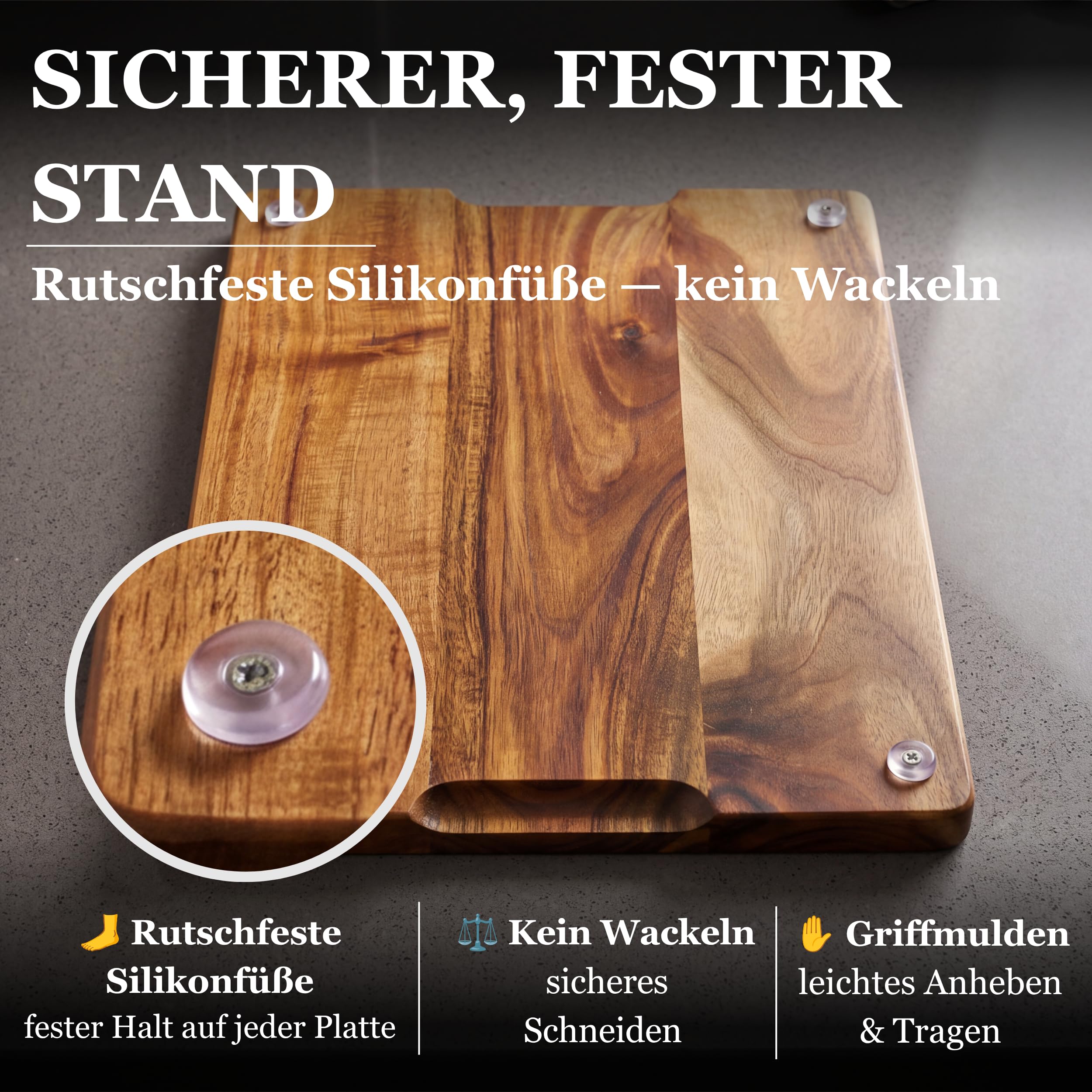 OLEIO Schneidebrett Holz 3er Set Massiv Akazie – Holzschneidebrett Küche | Mit Saftrille, Griffmulden & Halter – Schneidebretter Set 40x30/33x24/26x18cm, rutschfeste Silikonfüße