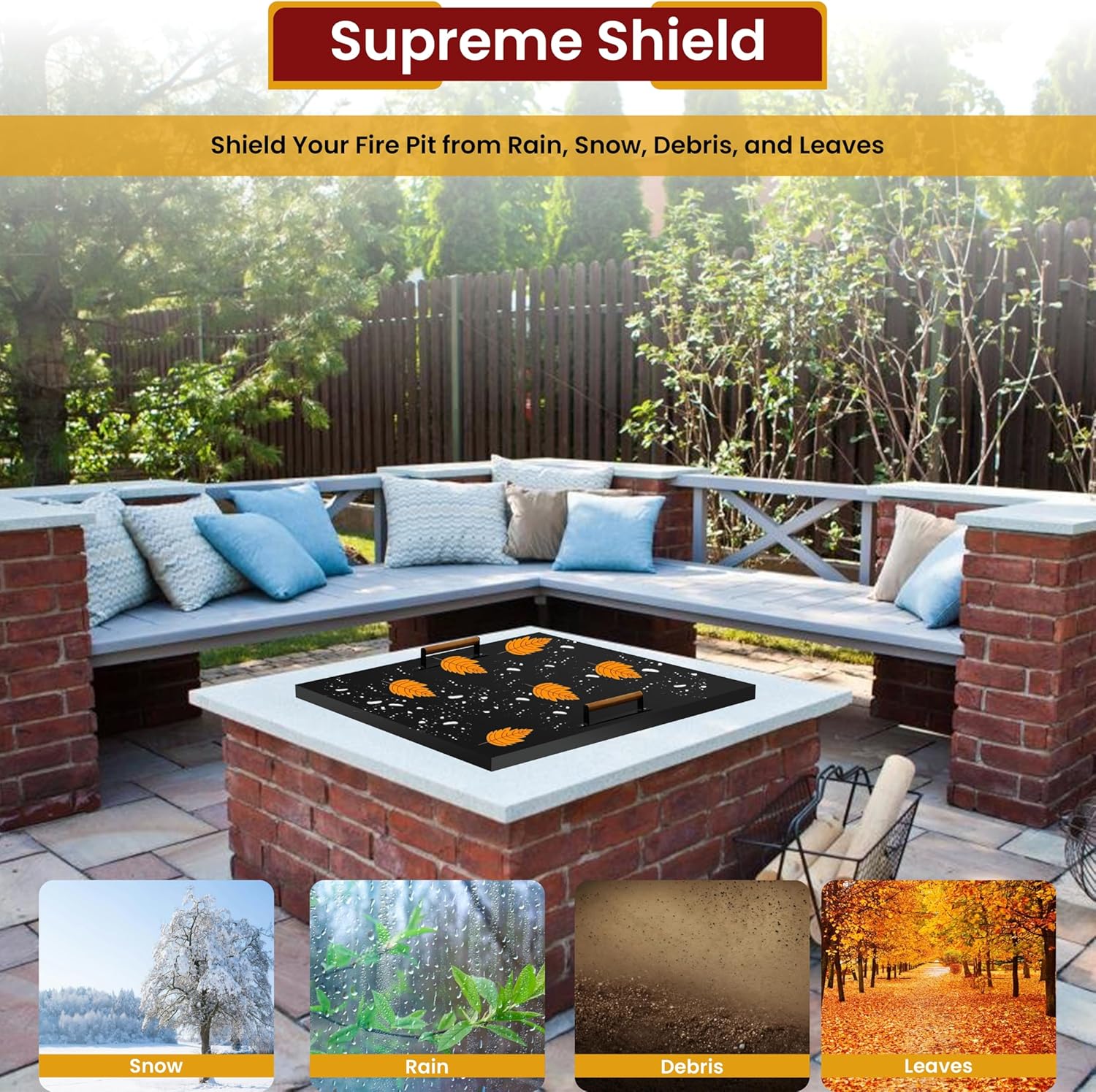 Febtech - 38 inch Square Fire Pit Lid Fit for 36" Fire Ring - 1.5mm Steel Fire Pit Lid - Firepit Insert Square Drop-in Pan Burner Lid W/ Dual Wooden Handles Snuffer Lid for Patio Firepit Ring