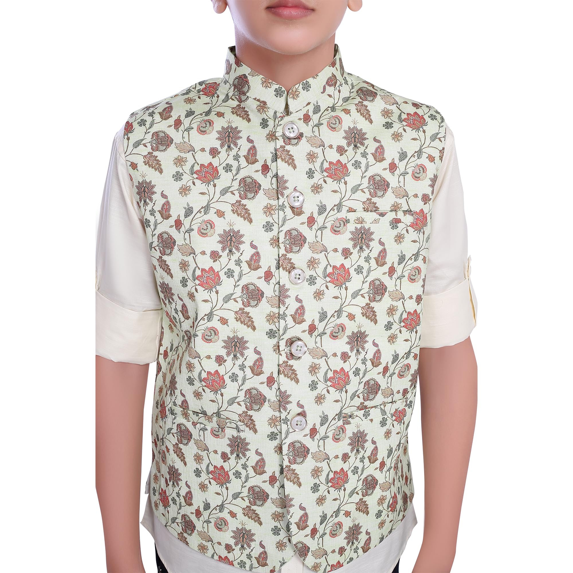 CHARCHIT Boys SeaGreen Printed Nehru Jacket and Shirt 2