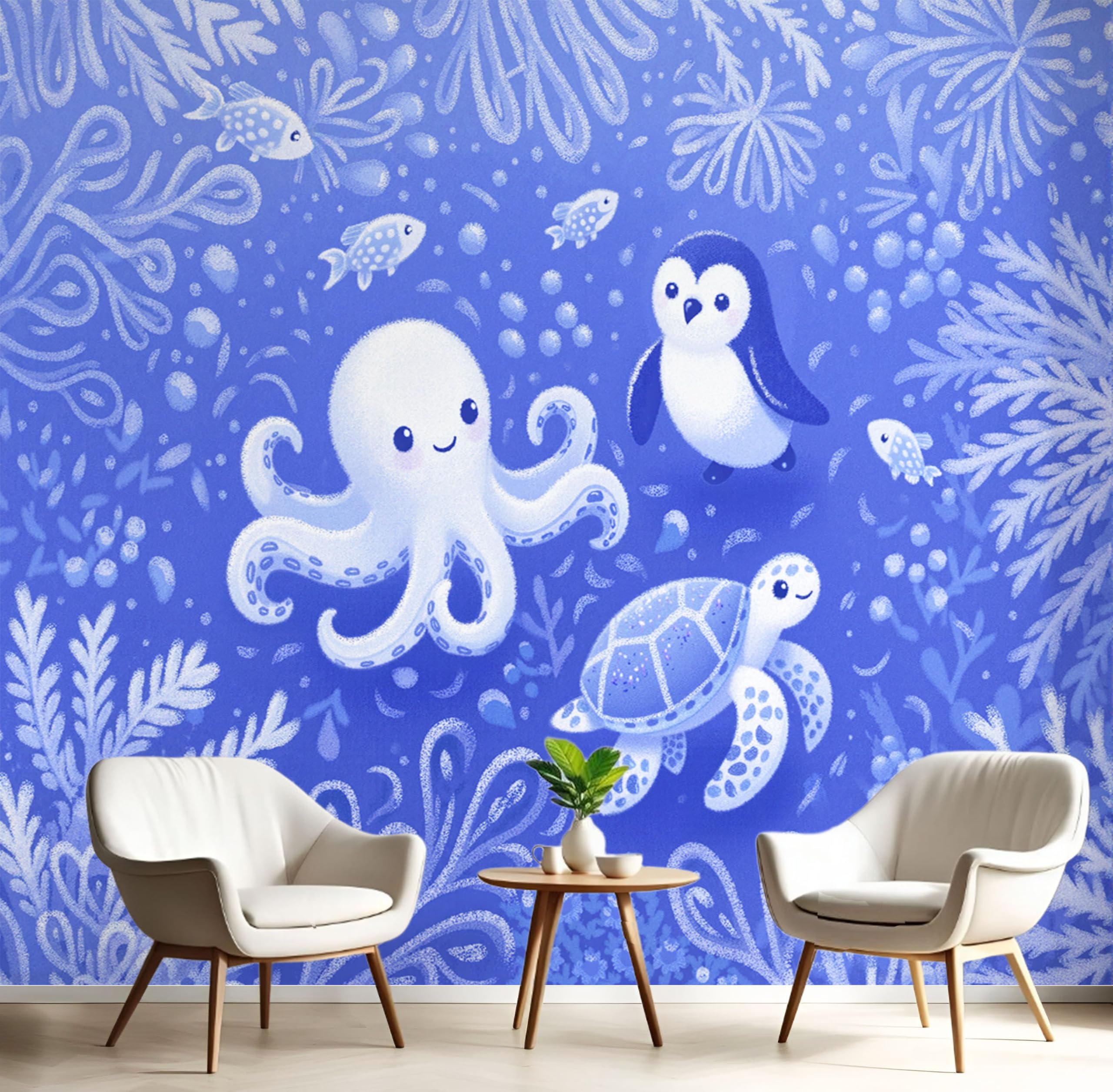 Papier peint pingouin pour agrandir l'espace d'un salon ou d'une chambre d'enfant
