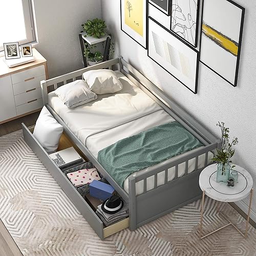 SIYAHOME Sofá cama de madera de tamaño individual con 2 cajones inseparables marco de cama de estilo moderno muebles que ahorran espacio para niños