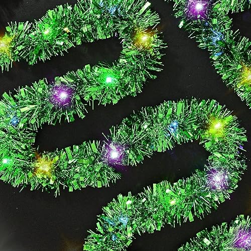 Guirnalda de oropel de Navidad preiluminada de 19.7 pies, guirnalda de oropel metálico verde con luces LED, funciona con pilas, guirnalda de