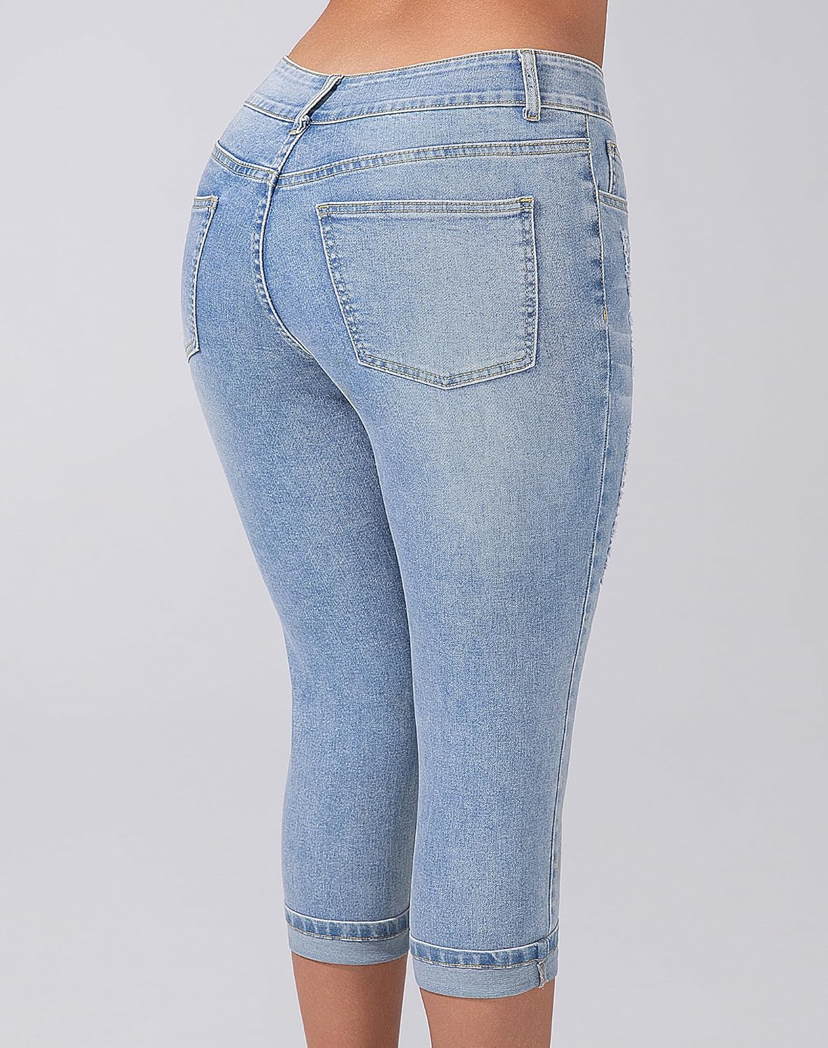 Women's Capri Pants Skinny Stretchy Ripped High Waisted Cuffed Denim Jeans - Image 2