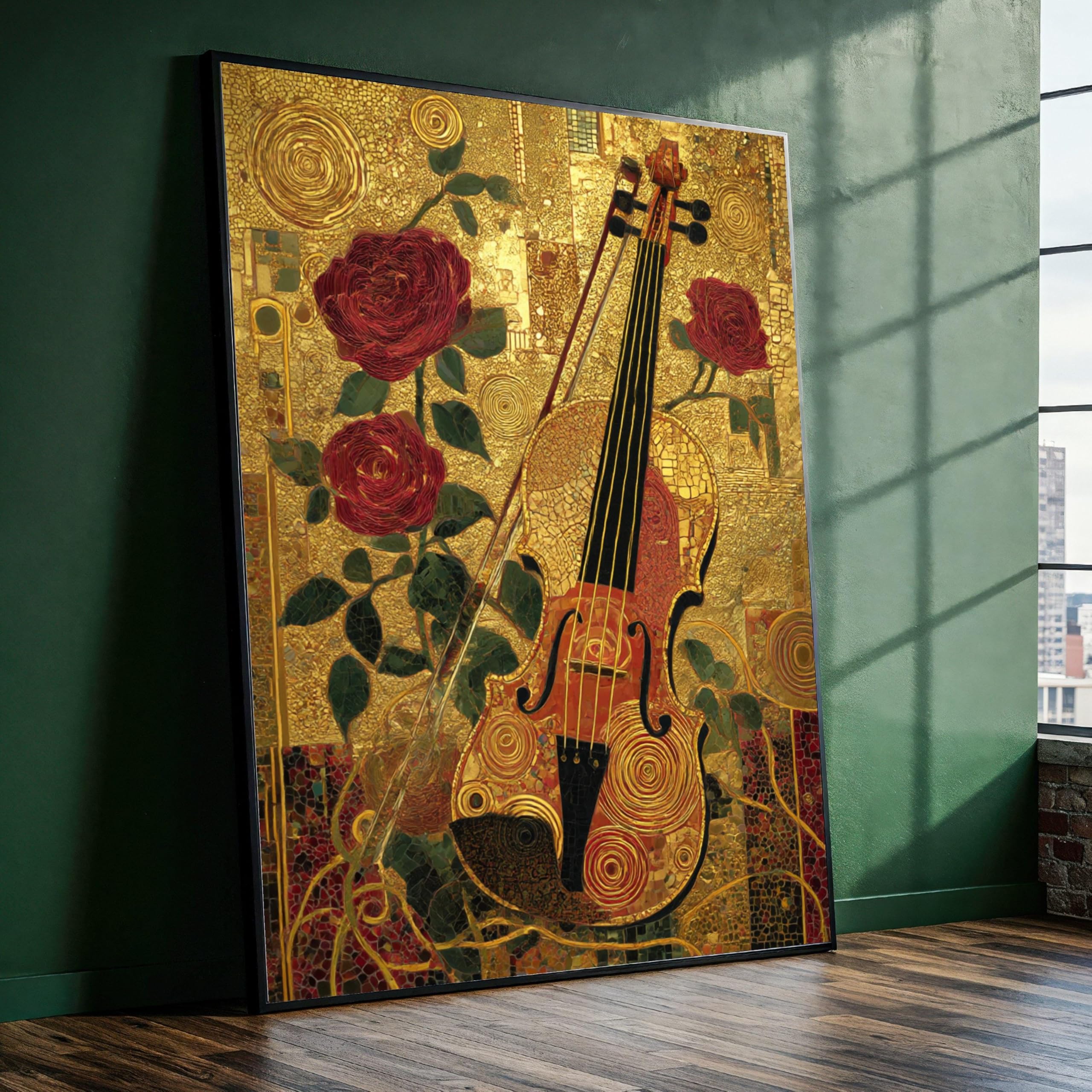 Yusuzhu Frameless Big Size Violin Canvas, Gold Music Canvas Wall Art, Floral And Musical Instrument Decor, Red Roses Canvas, Decor Home Art(30X40cm/Frameless)