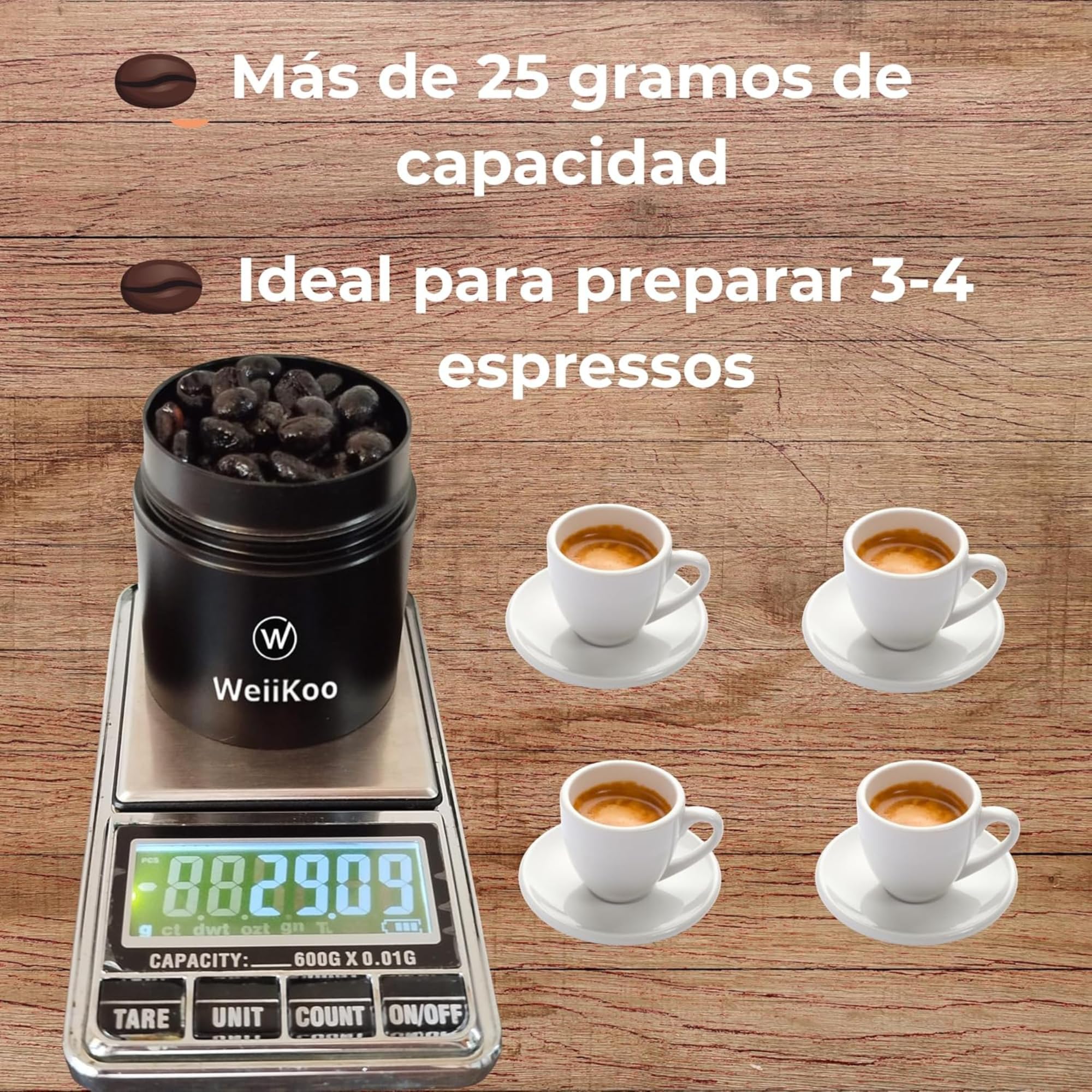 Molinillo Cafe Manual 25 g, Muelas Cónicas Hexagonales de Acero Inoxidable, Molienda Ajustable para Espresso, Moka y Prensa Francesa, Aluminio Anodizado y Nogal
