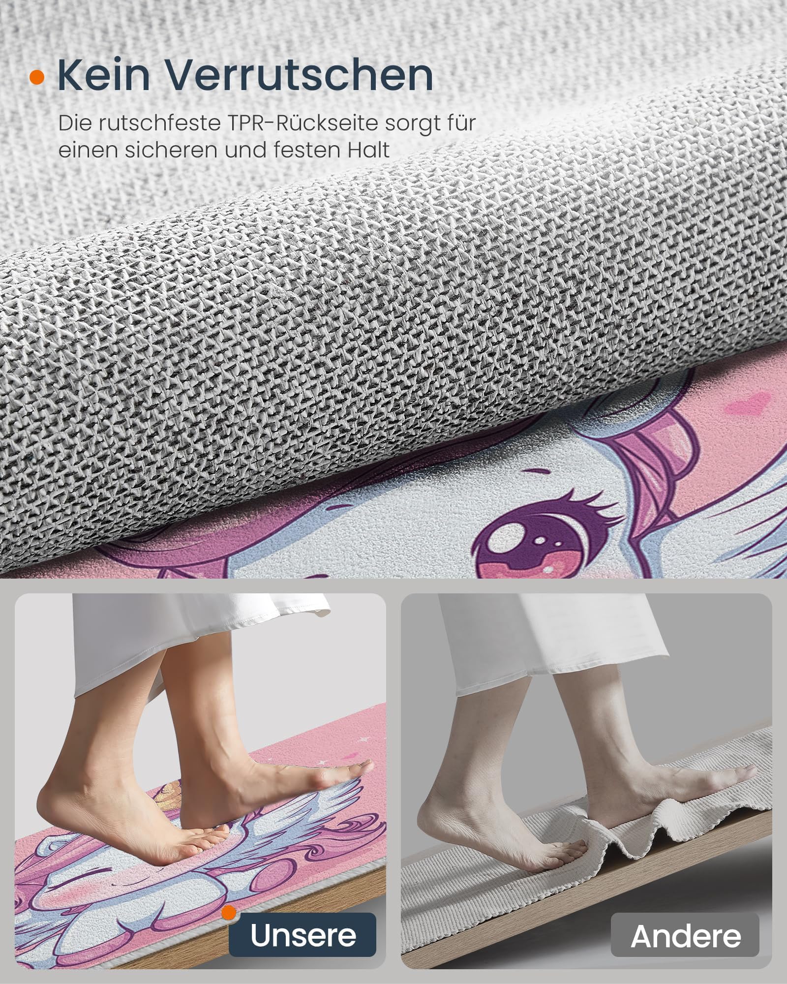 Kinderteppich Rund, Rosa Niedlicher Cartoon-Stil Süßes Einhorn, Kurzflor Waschbarer Teppich Extra Weich und Antiallergen für Jungen und Mädchen Spielzimmer 100cm