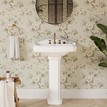 Bathroom Pedestal Sink 23 X 19 Inch | Classic Ceramic Basin with Backsplash, 3 Faucet Holes 8 Inch Widespread, Space-Saving Design for Small Bathrooms