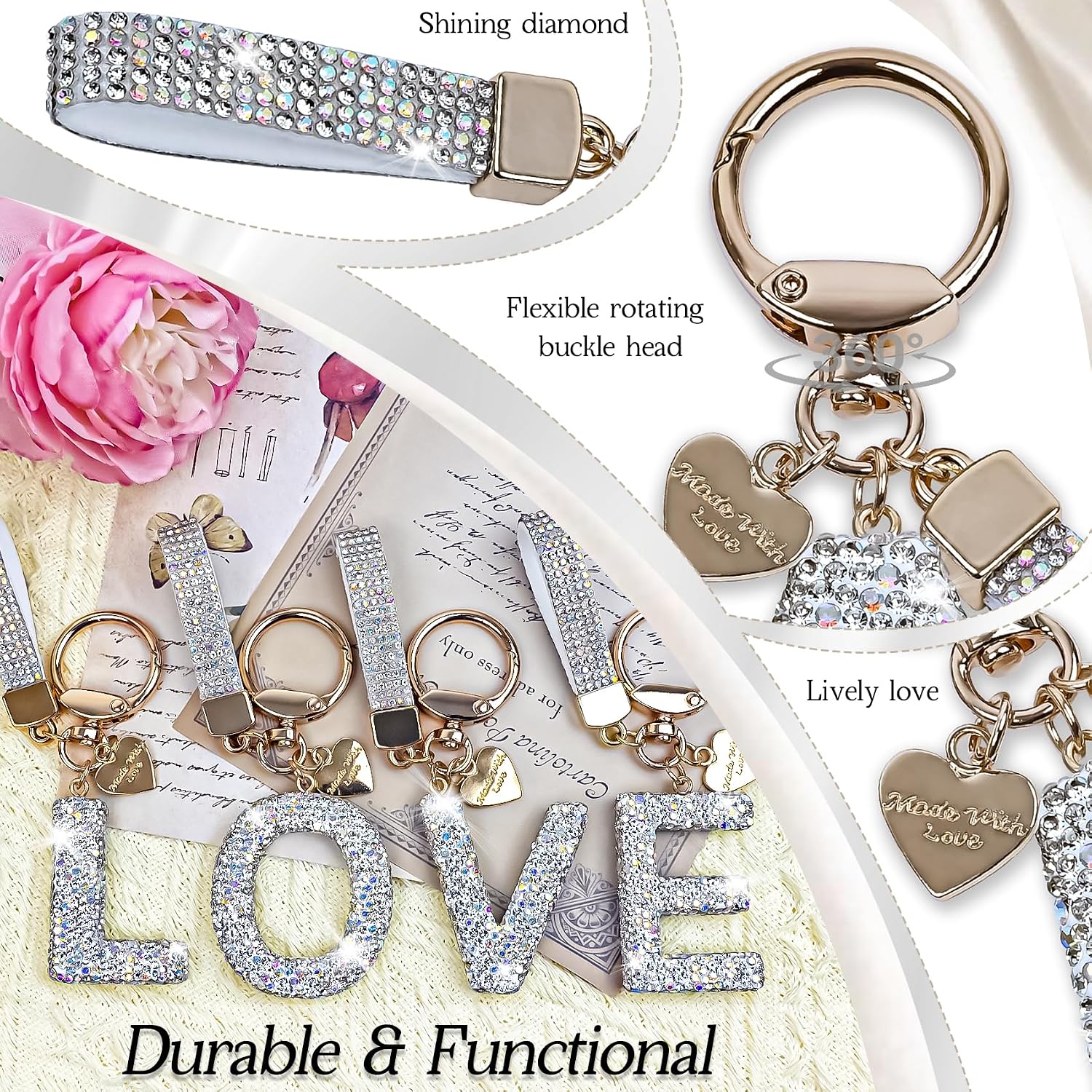Bling Alphabet Keychain for Women Girls - Alloy Initial Letter (A-Z) Keychain with Sparkly Rhinestones, Cute Keychain Charms image 3