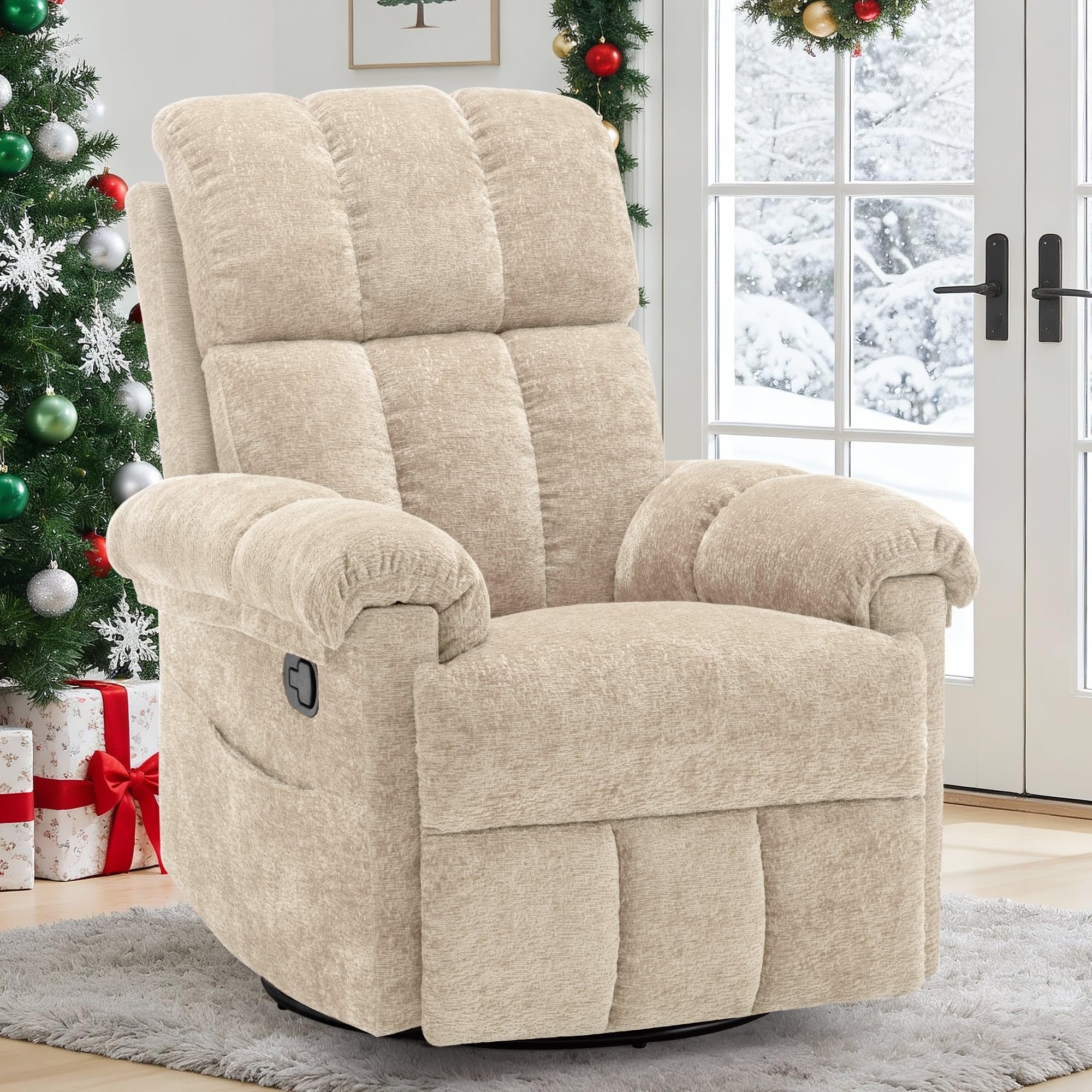 Korser Recliner Chair, Swivel Rocker Recliner Chair for Adults, Small Recliners for Small Spaces, Manual Recliner with Side Pockets, Upholstered Nursery Rocking Chair for Living Room, Chenille, Khaki