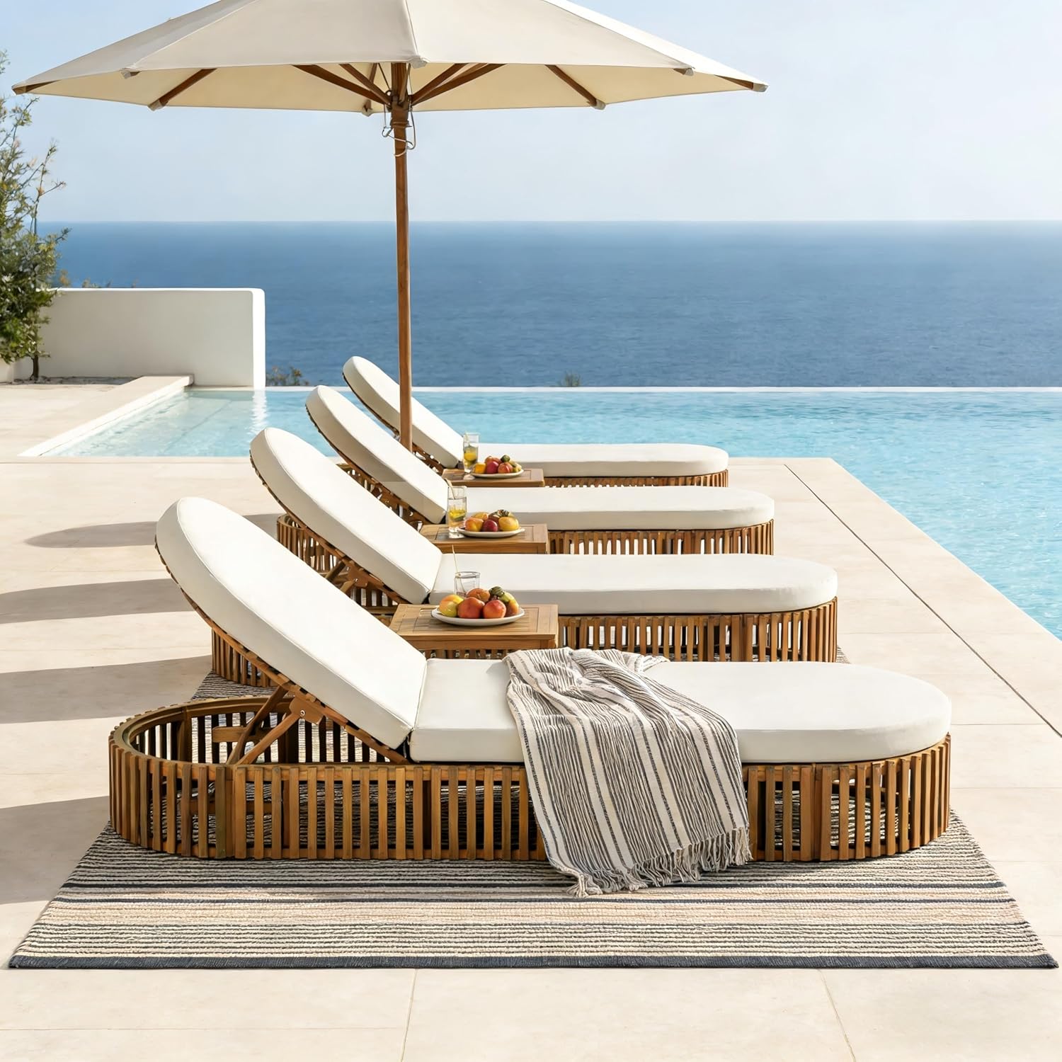 Outdoor Acacia Wood Chaise Lounge with Cream Curve Cushion - Teak Finish, 300lbs Capacity, 80.8" L, for Patio, Poolside, Garden (Curve Style)