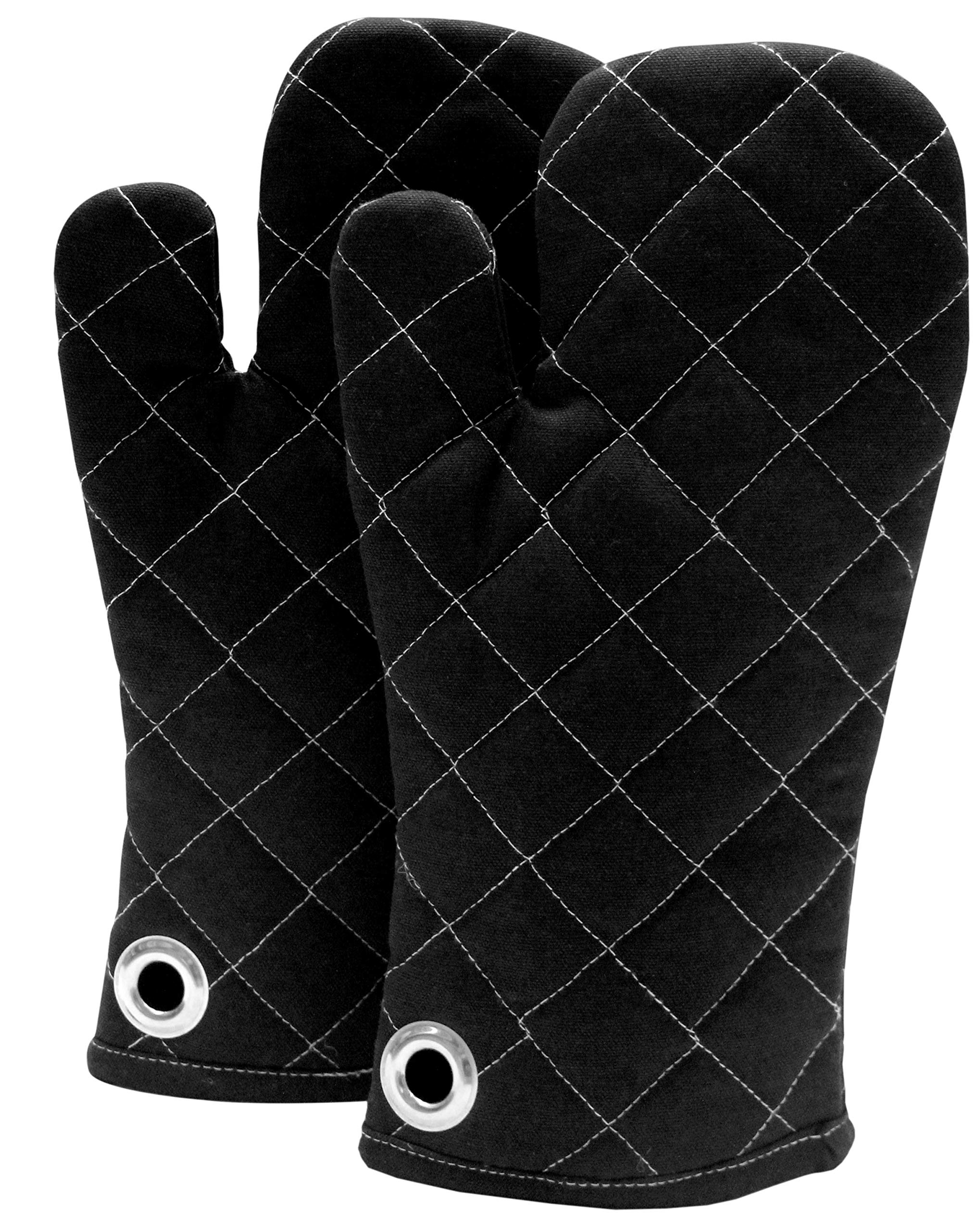 Cote De Amor Set of 2 Oven Mitts Gloves Bulk Heat Resistant Machine Washable, 100% Cotton Oven Mitts with Eyelet Hanger for Everyday Kitchen Cooking Baking BBQ, Black
