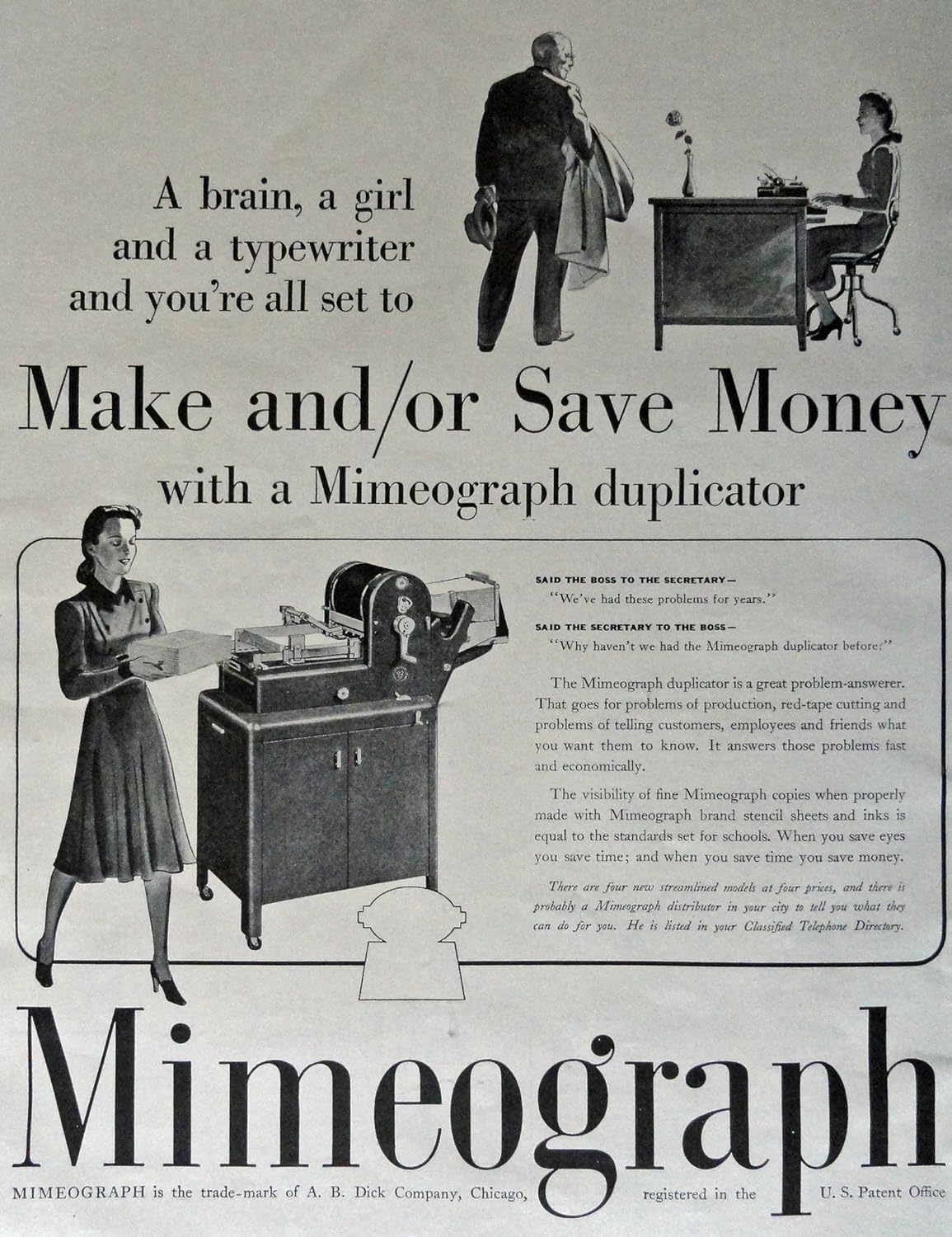 Mimeograph duplicator, 40's Print ad. Full Page B&W