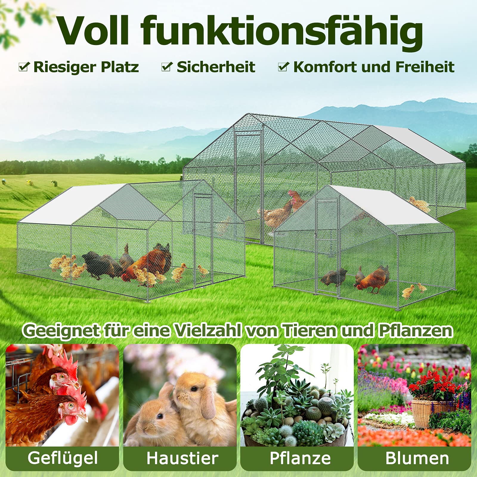 NAIZY Gallinero de Exterior Grande Animales Corral con Techo de Protección Solar de PE y Cerradura para Jaula para Pollo Jaula para Pájaros Jaula para Mascotas Acero Galvanizado (3x2x2m)
