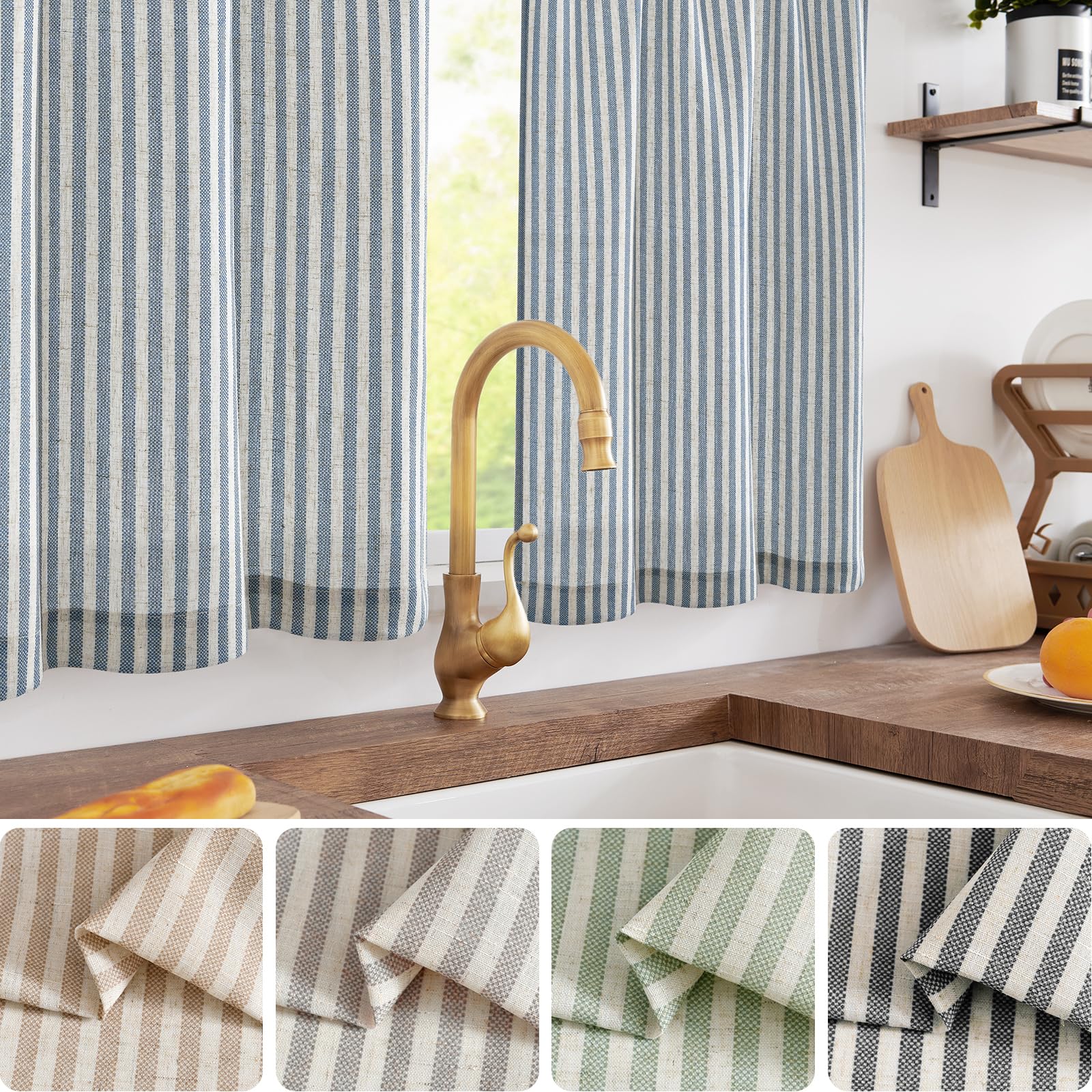 TOPICK Blue Striped Linen Look Kitchen Curtains 30 Inch Drop, Light Filtering Pinstripe Cafe Curtains - Image 2