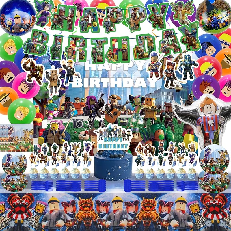 Decoraciones para fiestas de cumpleaños: suministros temáticos para fiestas infantiles incluidos: pancarta de feliz cumpleaños, telón de fondo, remolinos colgantes, mantel, adornos para cupcakes, juego de vajilla, globos de látex y aluminio.