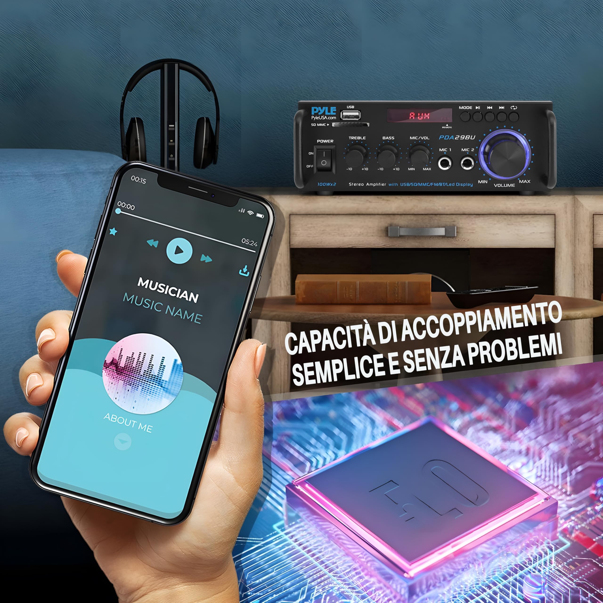 Pyle Preamplificatore Phono, Amplificatore Audio Stereo Wireless Bluetooth 200 Watt, Doppio Canale, RCA, USB, SD, Microfono, Radio FM