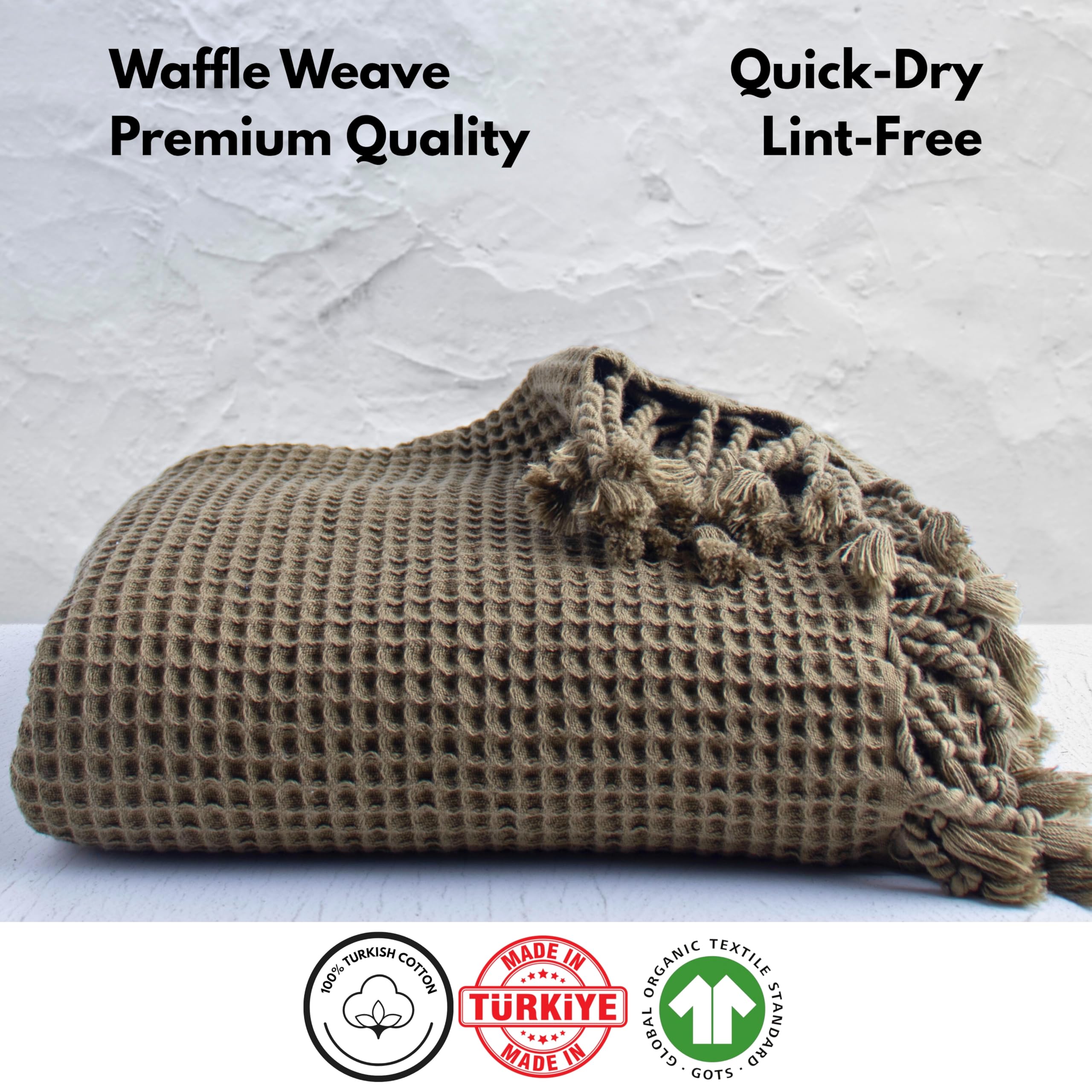 PÜSKÜL Lot de 5 serviettes turques gaufrées de qualité supérieure 100 % coton bio à séchage rapide, fines, surdimensionnées, 89 x 178 cm, pour bain, plage, spa (vert kaki)
