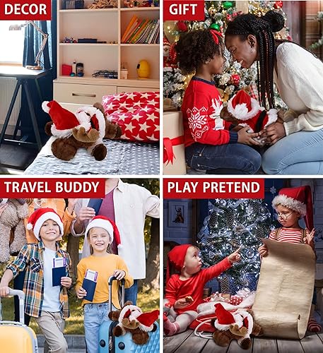 Miniatura 4 de DolliBu Peluche de alce mentiroso de Papá Noel marrón, disfraz de felpa suave con traje de Papá Noel rojo, bonito regalo de vida silvestre,