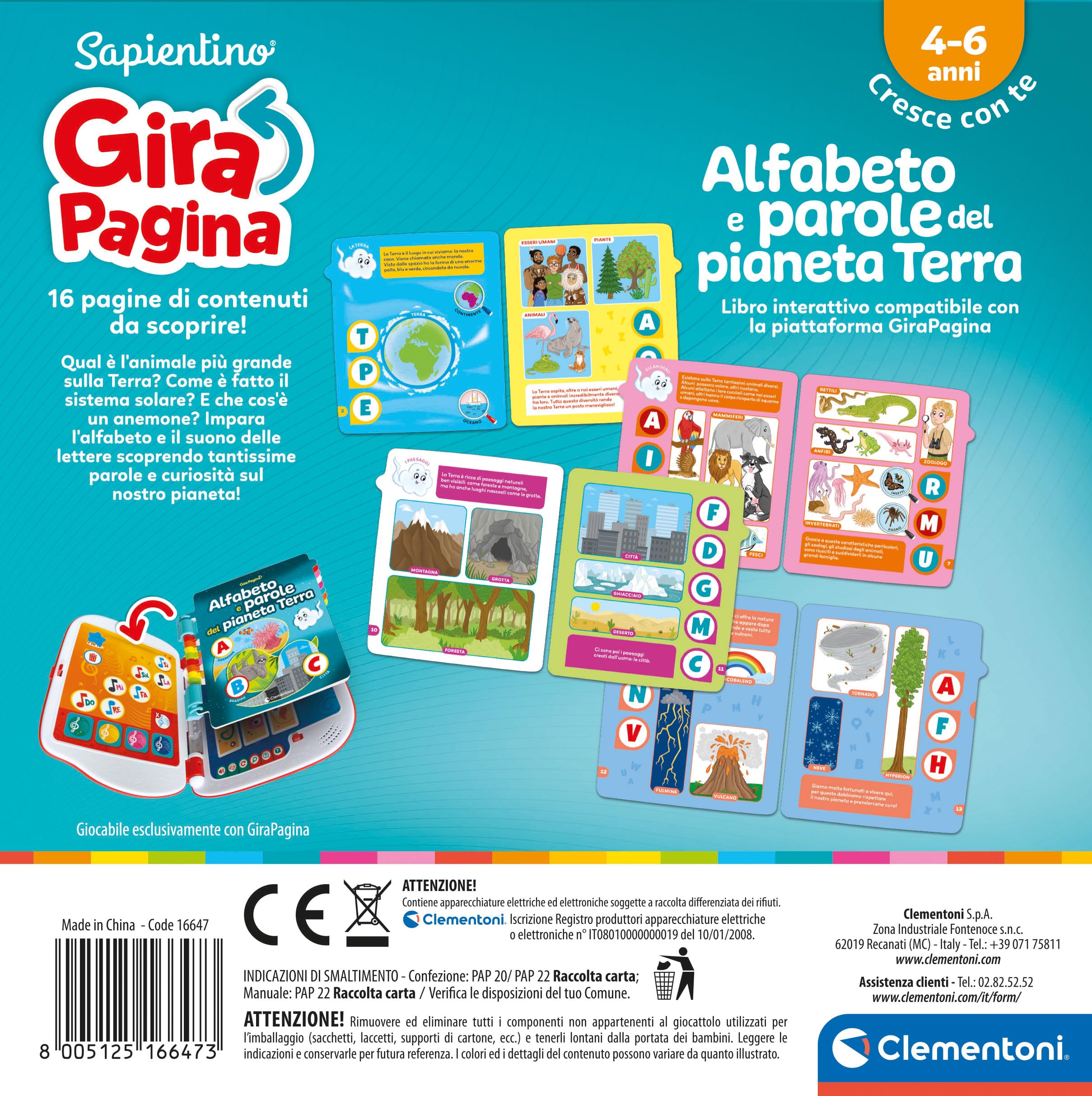 Clementoni - 16647 - Sapientino - Girapagina, L’Alfabeto del Pianeta Terra - Libro Educativo Ed Interattivo per Stimolare L'Interesse alla Lettura, per Bambini dai 4 Anni (Gioco in Italiano)