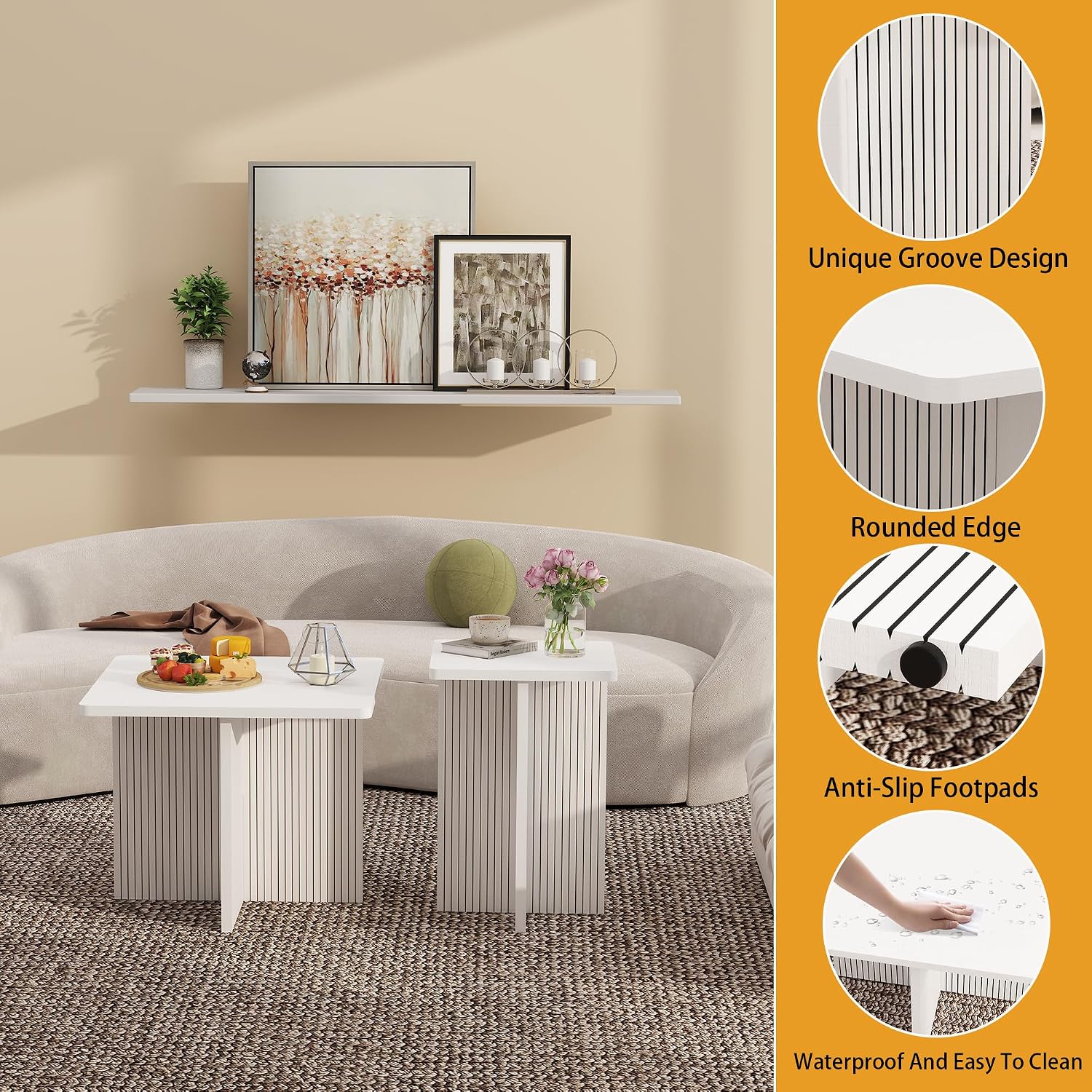Wood White Color Coffee Tables for Living Room: End Tables Living Room Set of 2 for Modern Spaces, Small Nesting Side Pieces, Fluted Design, Square Matching Tea Stand