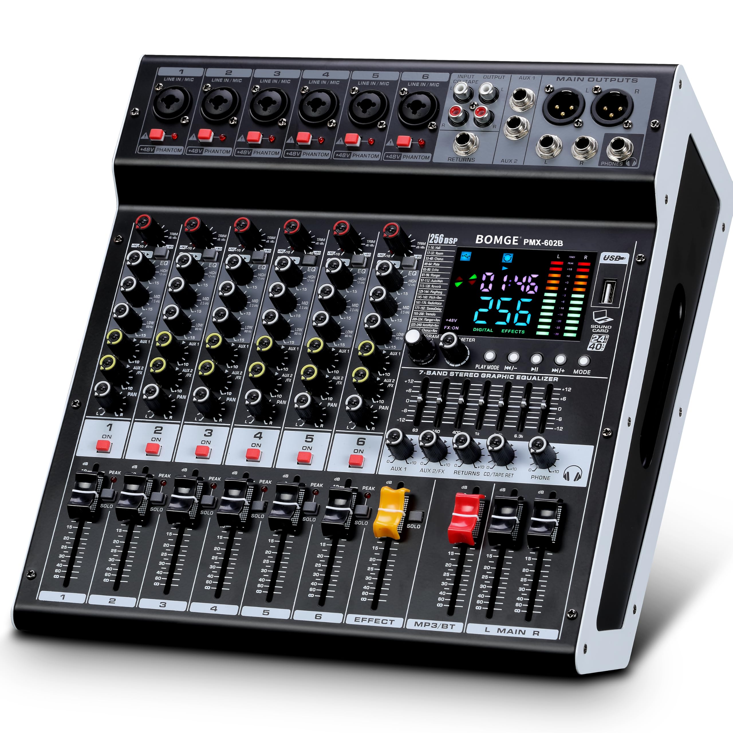 BOMGE Powr Mixers Audio, 6Channel Power Sound Mixer Amplifier 2 * 400W Dj Mixer Board withUSB, 6 X Mic Pres, +48V, Bluetooth, 256 Kinds of DSP for Speakers,concert party, karaoke studio
