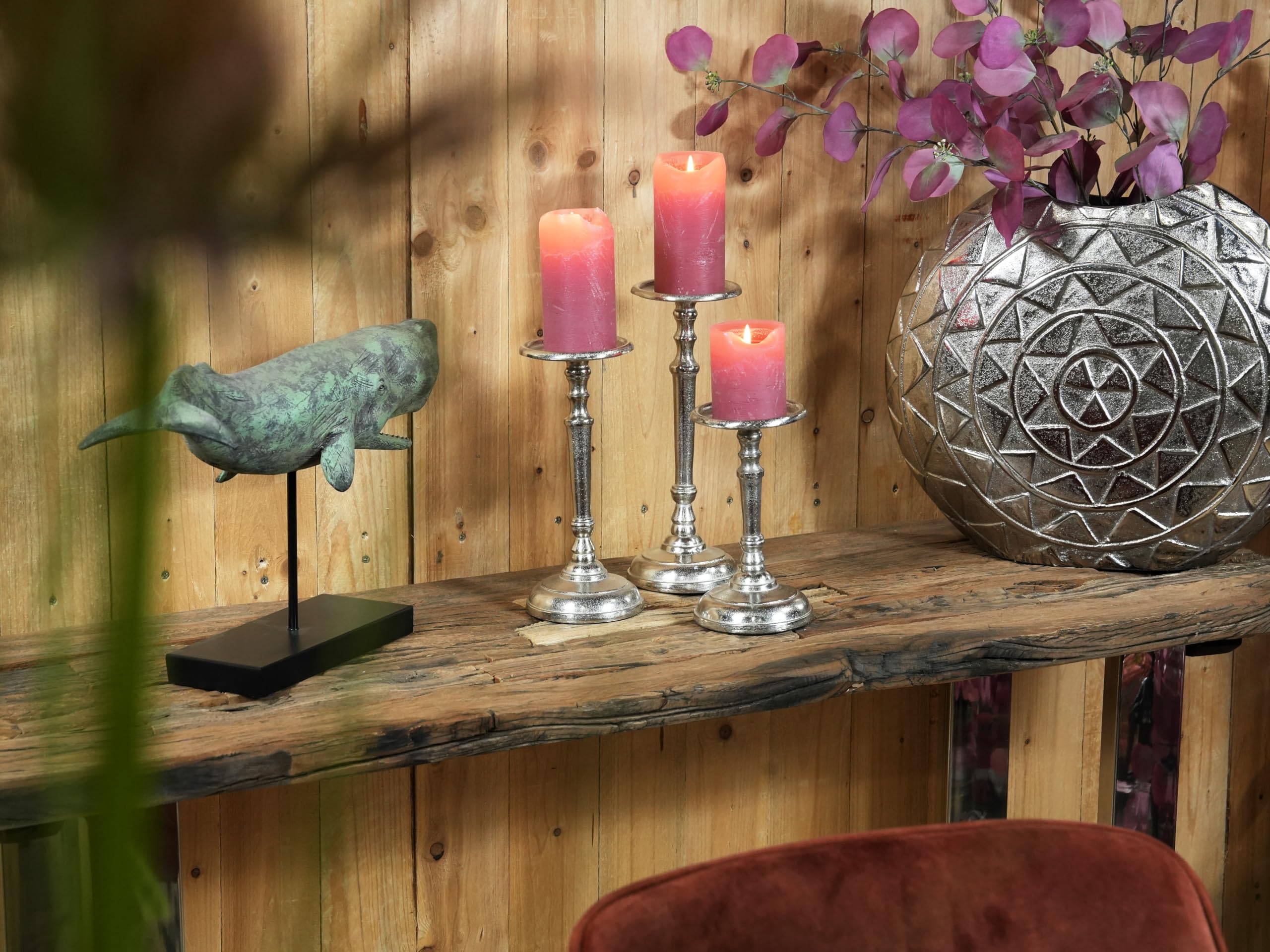 Set di 3 portacandele in metallo argentato, decorazione moderna per candele a pilastro, decorazione da tavolo, matrimonio, decorazione per soggiorno, altezza 20, 25 e 29 cm