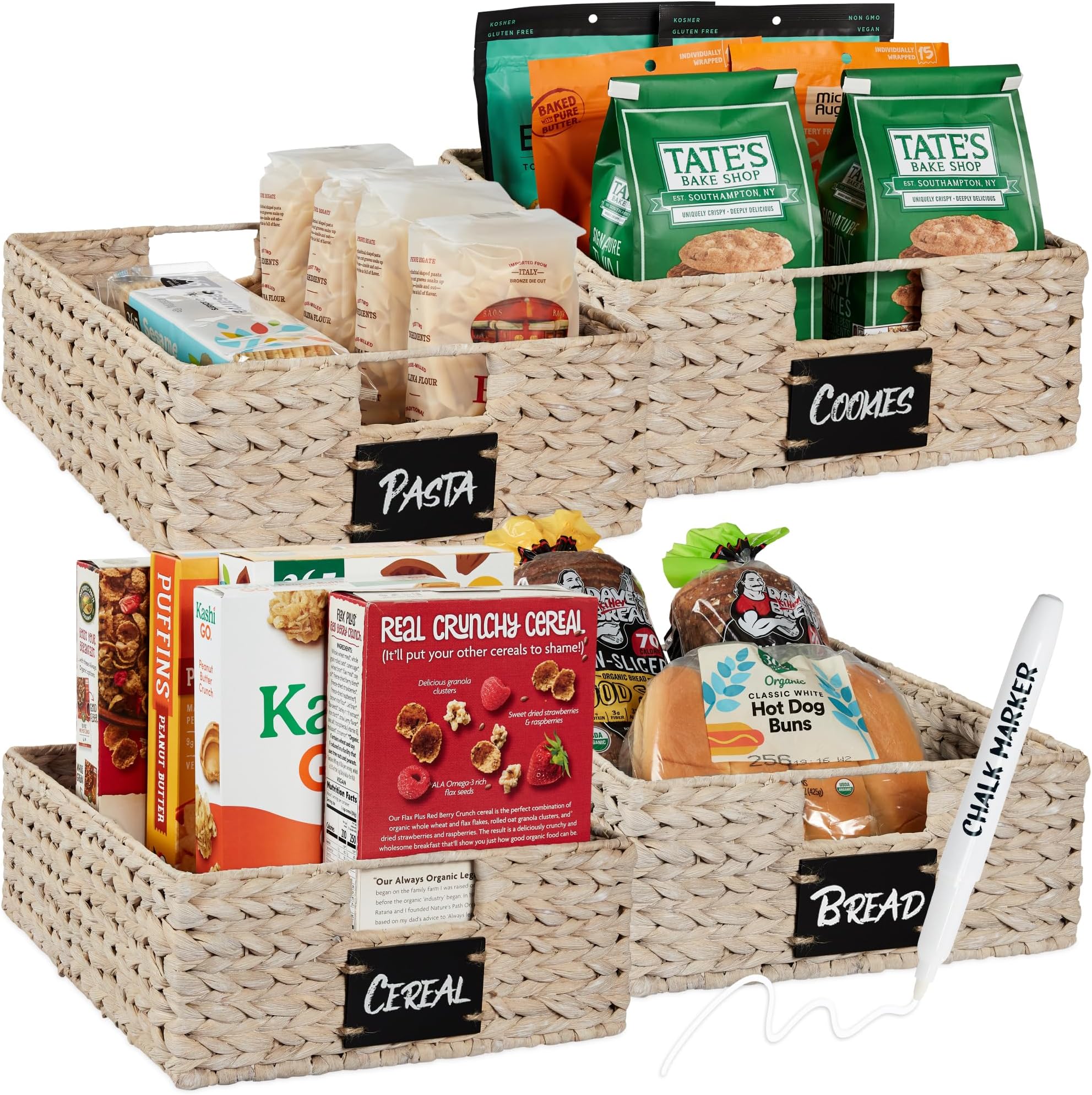 Set of 4 16x12in Large Water Hyacinth Pantry Baskets, Woven Organizers w/Chalkboard Label, Chalk Marker - White