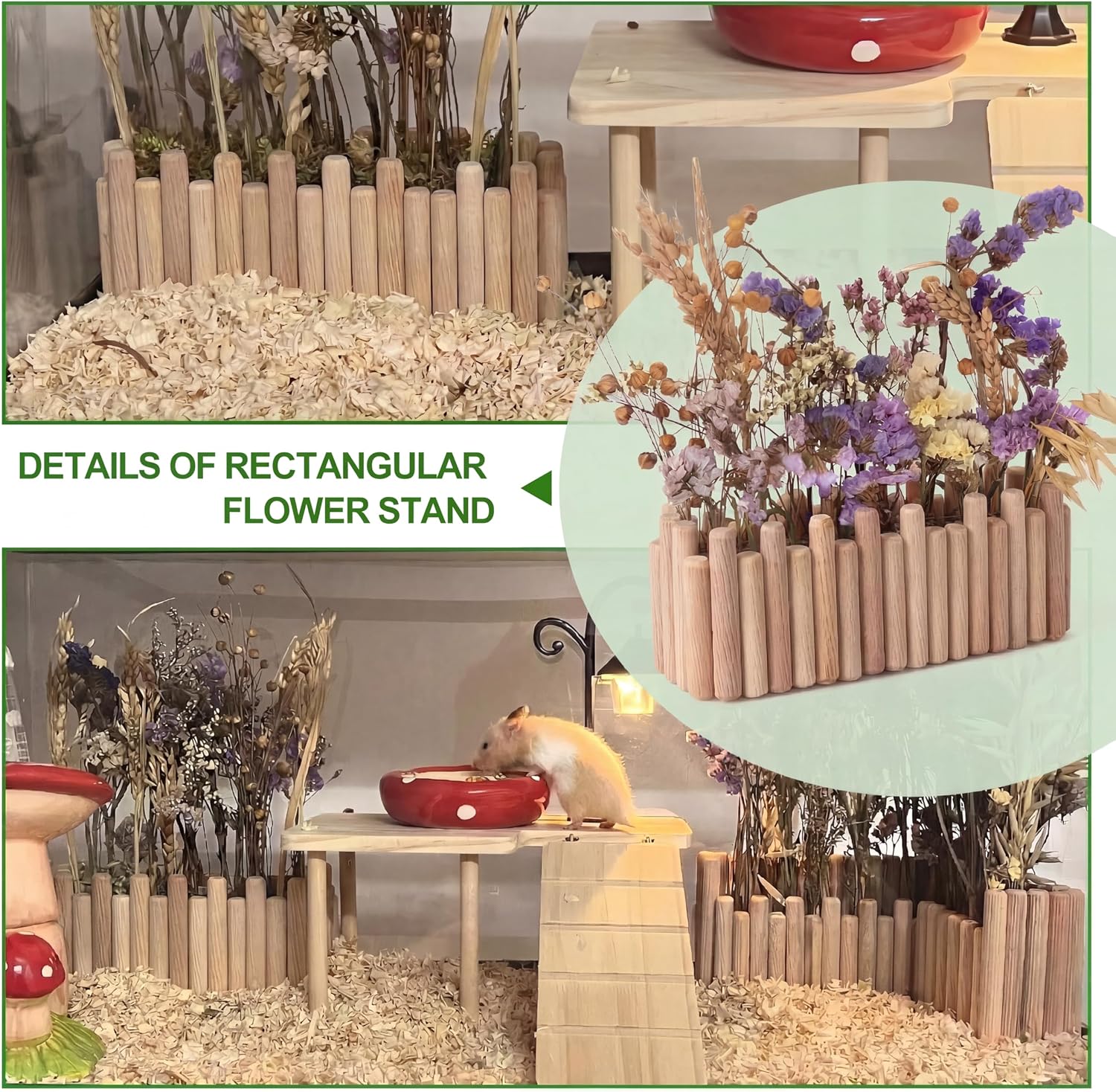 Hamster Cage Sprays Flower Foraging Holder - Natural Wood Feeding Stand, Small Pet Habitat Accessories for Hamsters Mouse Guinea Pig Dwarf Gerbils Syrian Mice (Plain - Rectangle) image 3