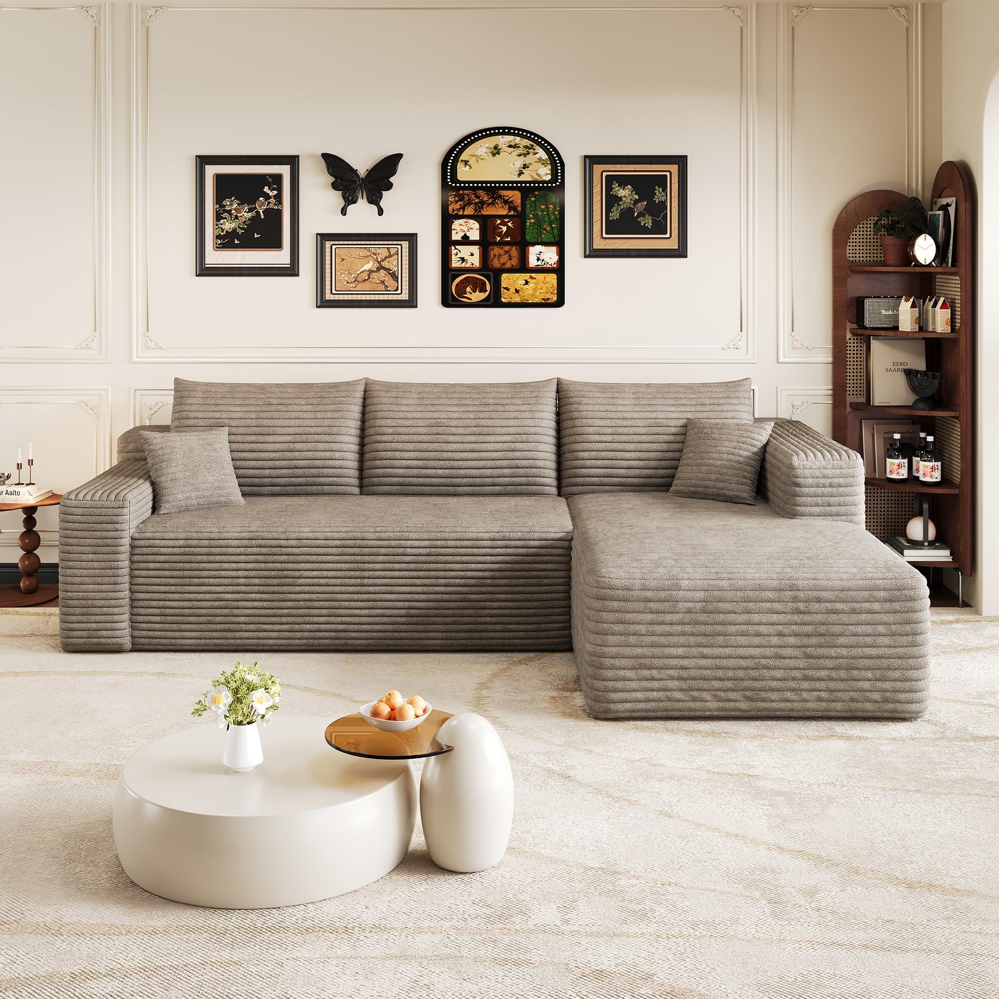 241 cm sofá convertible, sofá esquinero, sofá modular, asiento profundo, sofá de 3 plazas con meridiana, sofá comprimido en forma de L, color marrón claro