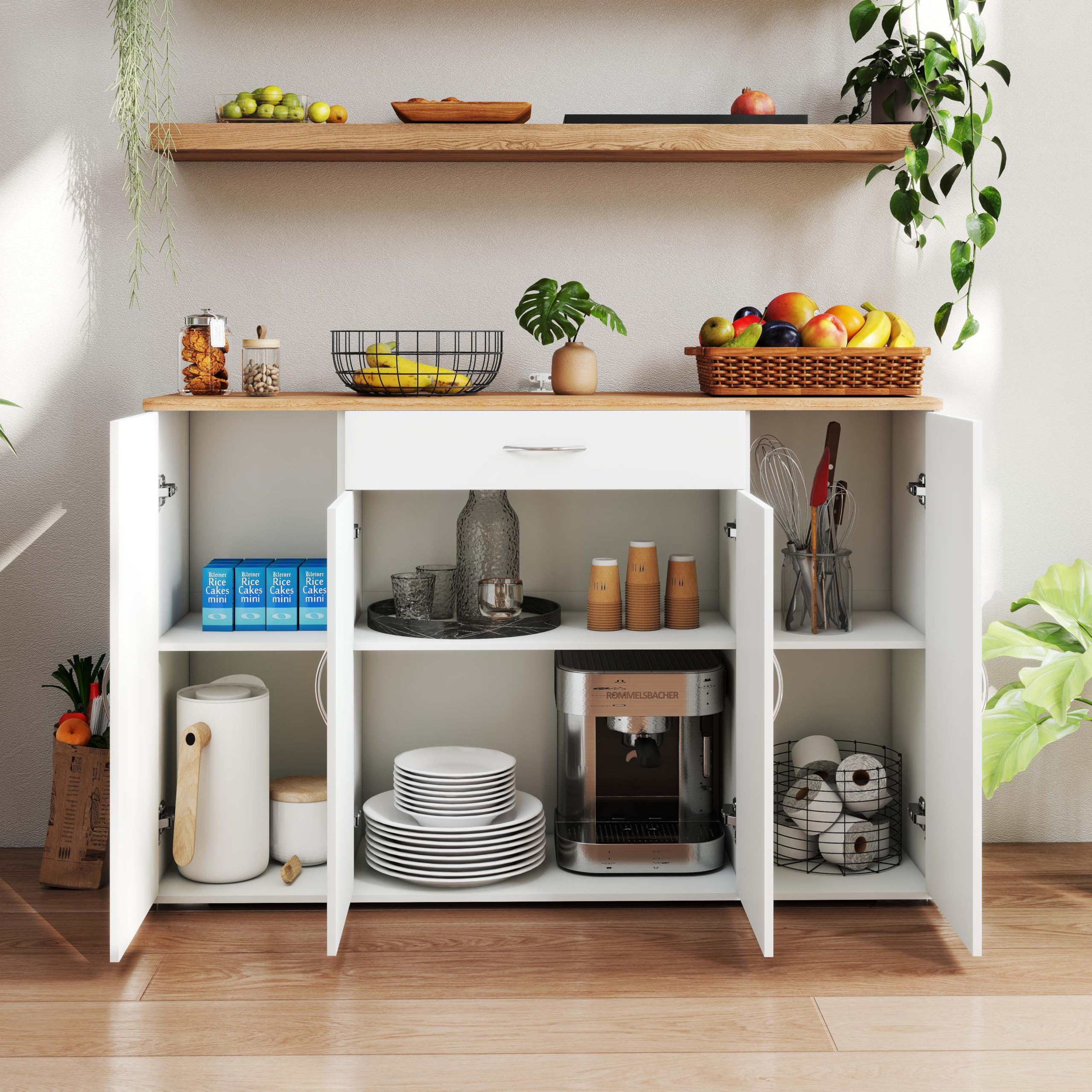 Credenza Cucina Bianca con Piano di Lavoro 110 x 30 x 70 cm Mobile Cucina Salvaspazio con Cassetto e 4 Ante Dispensa Cucina Madia Soggiorno Sala da Pranzo Moderna