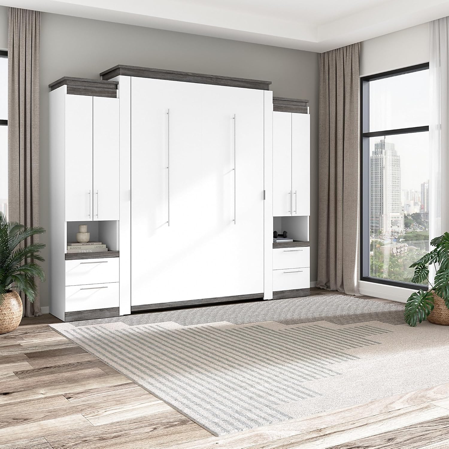 Bestar Orion Queen Murphy Bed with Storage Cabinets and Pull-Out Shelf (106W) in White and Walnut Grey, Sleeping Arrangement with Shelves