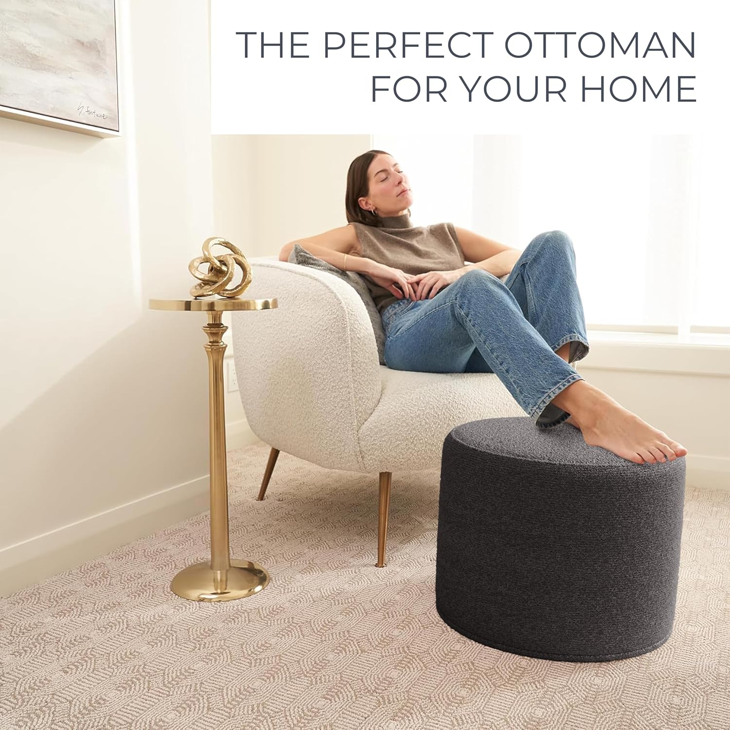 zicoto beautiful boucle pouf ottoman and foot rest - elevate your living room decor with lightweight comfort and charm - a round modern foam filled foot stool perfect to rest your feet darkgray