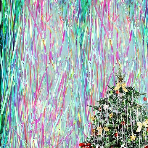 Chuangdi Decoraciones de carámbanos de oropel brillantes de Navidad, 18 pulgadas, para árbol de Navidad, carámbanos de oropel iridiscente de