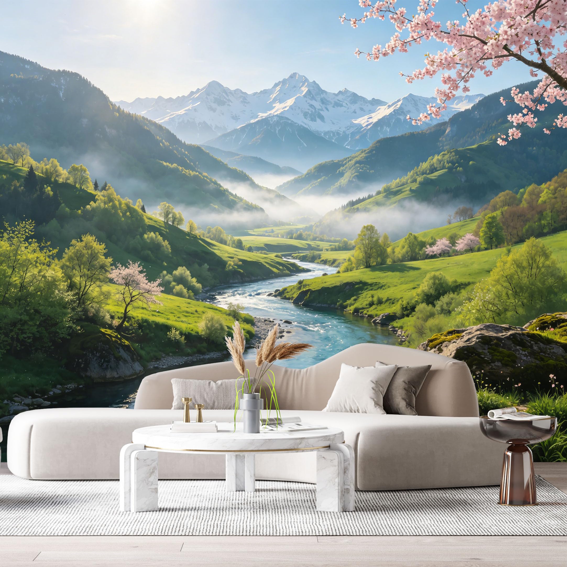 Custom Size Wall Murals Mountain Lake Landscape Spring Valley Cherry Blossom River Watercolor SelfAdhesive Wall Fabric Removable Large Wallpaper for Photo Living Room