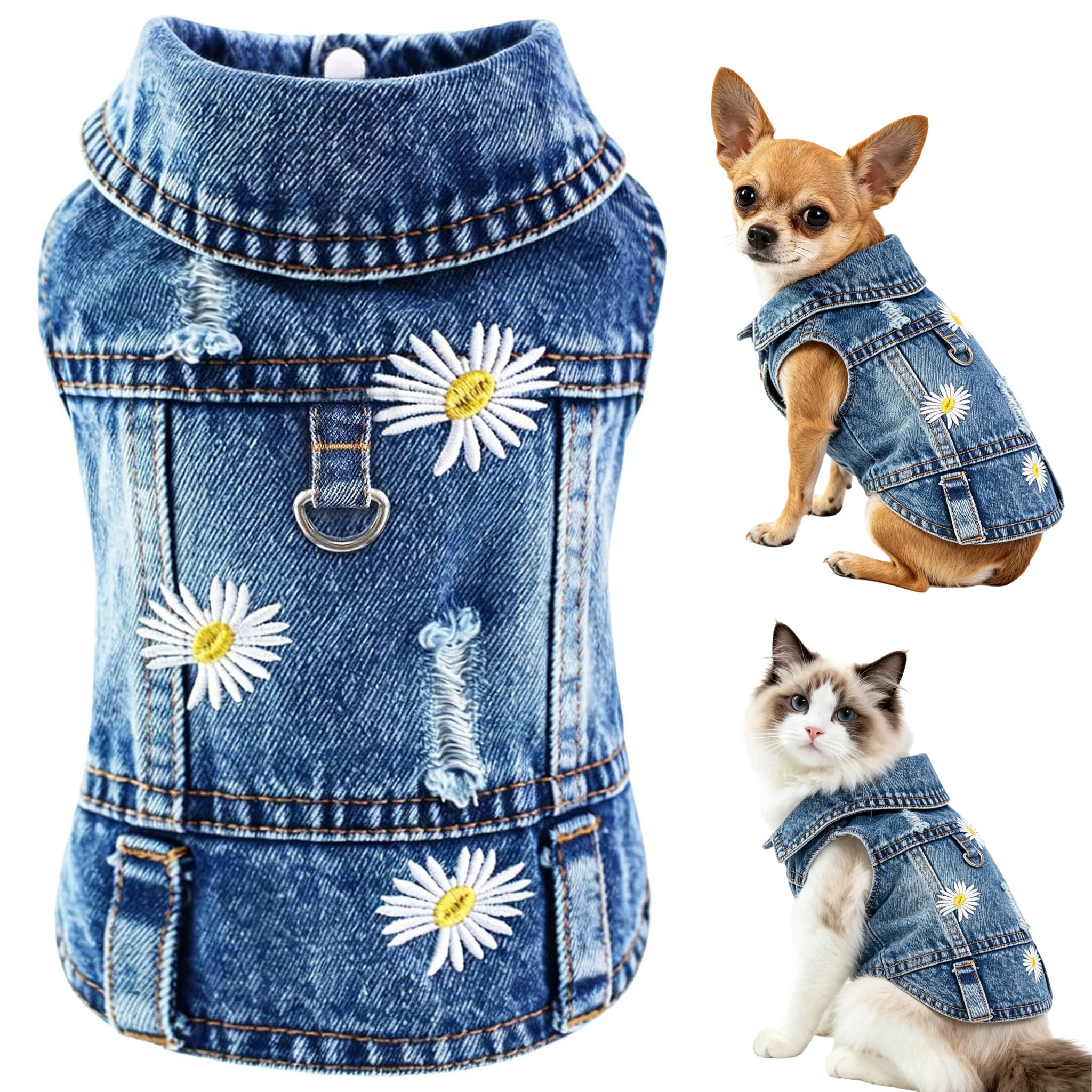Chaqueta de mezclilla para perro que evita rozaduras de arnés en razas pequeñas M