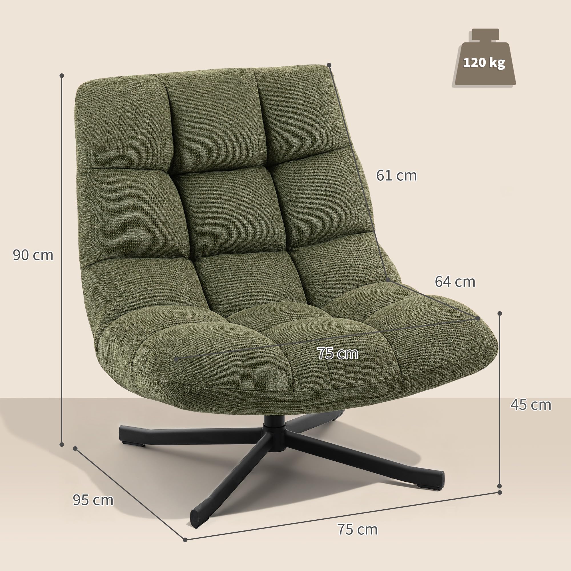 HOMCOM Sessel Drehbar Loungesessel mit Breiter Sitzfläche, gepolstert Relaxsessel mit wasserabweisend Chenille-Optik, gekreuzt Stahlbeine, modern Polsterstuhl für Wohnzimmer, Schlafzimmer, Grün