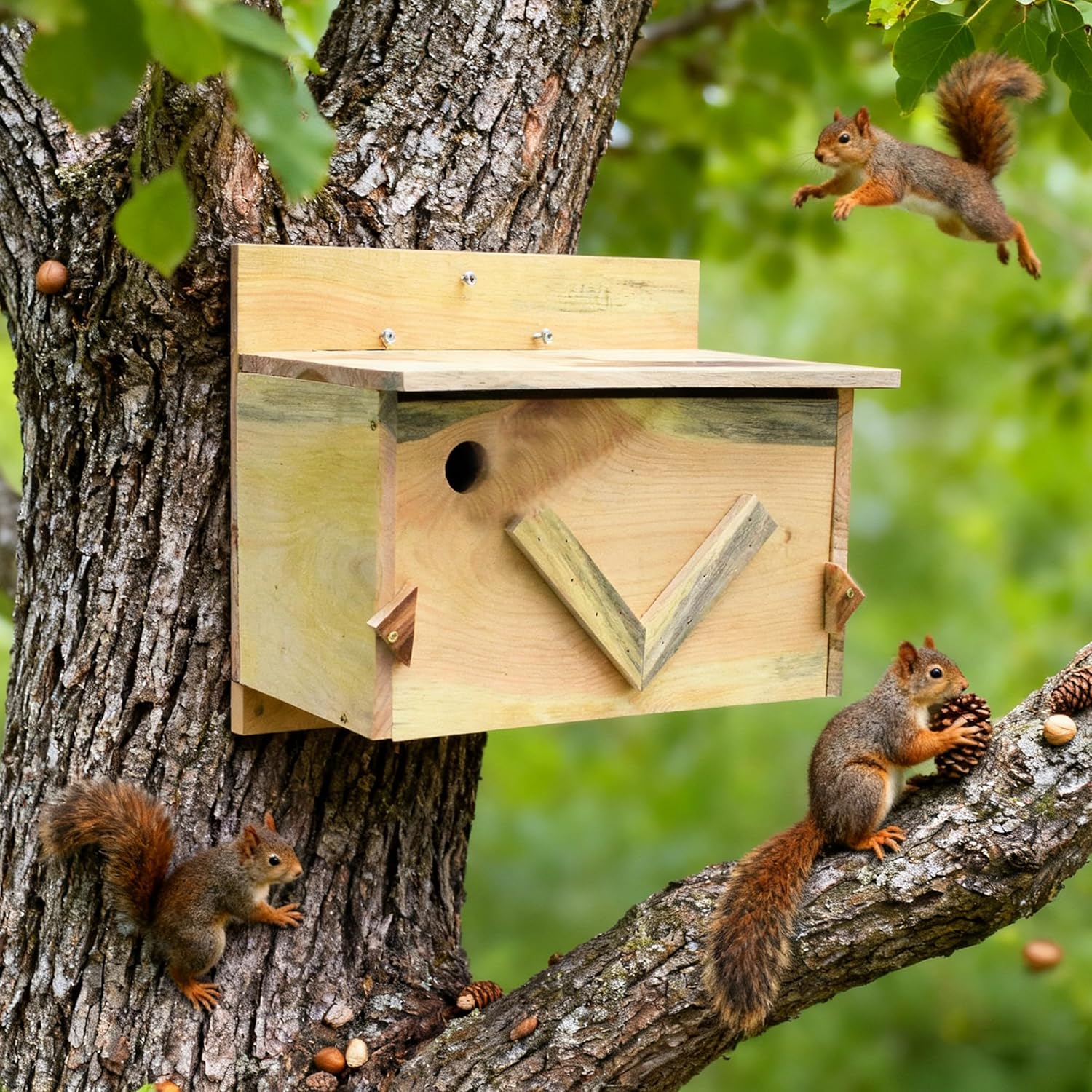 Large Solid Wood Squirrel House - Handmade All-Weather Outdoor Nesting Box to Welcome Squirrels & Chipmunks - Easy Mounting Kit for Backyard, Tree, or Fence