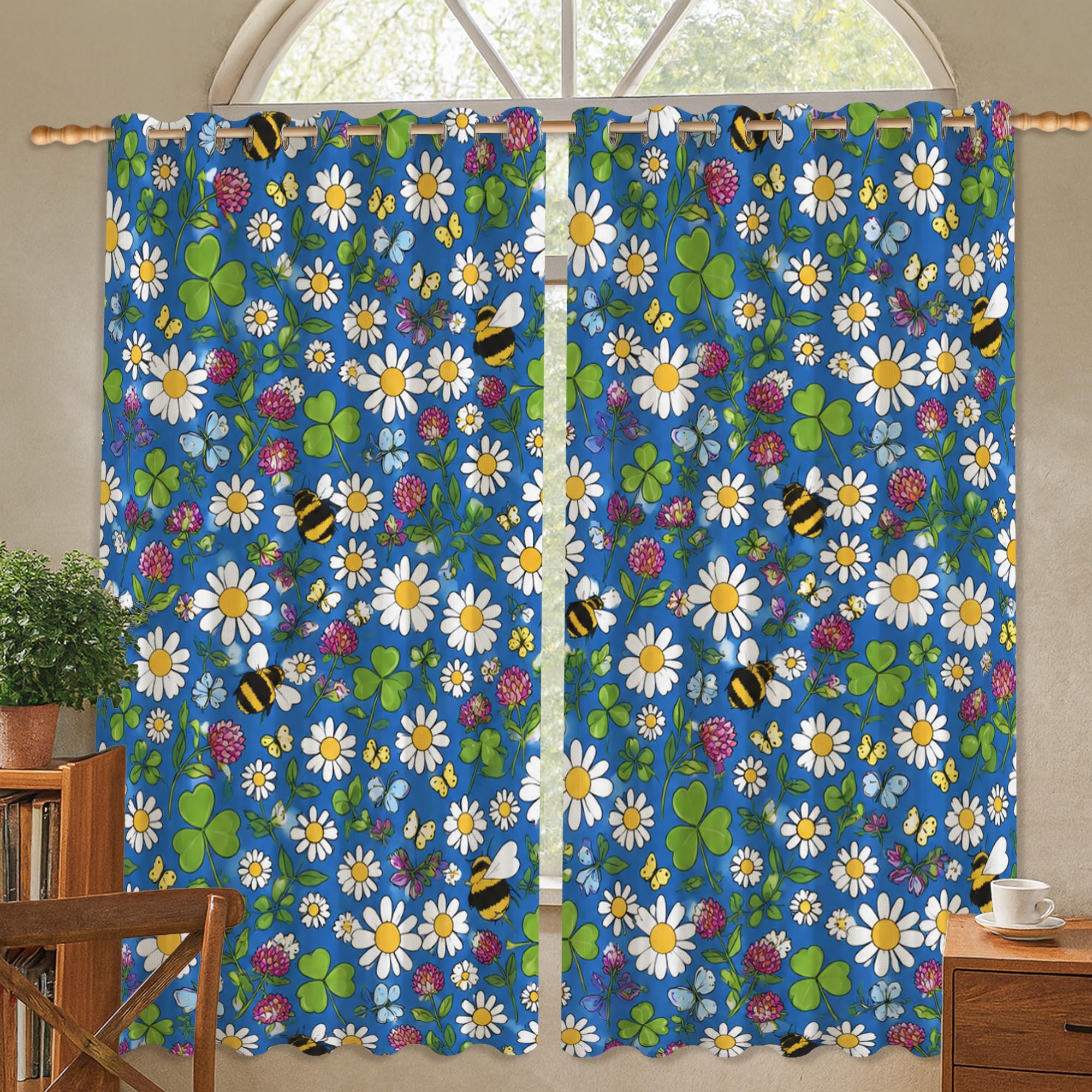 Rideaux occultants lavable en machine bleu chrysanthème floral