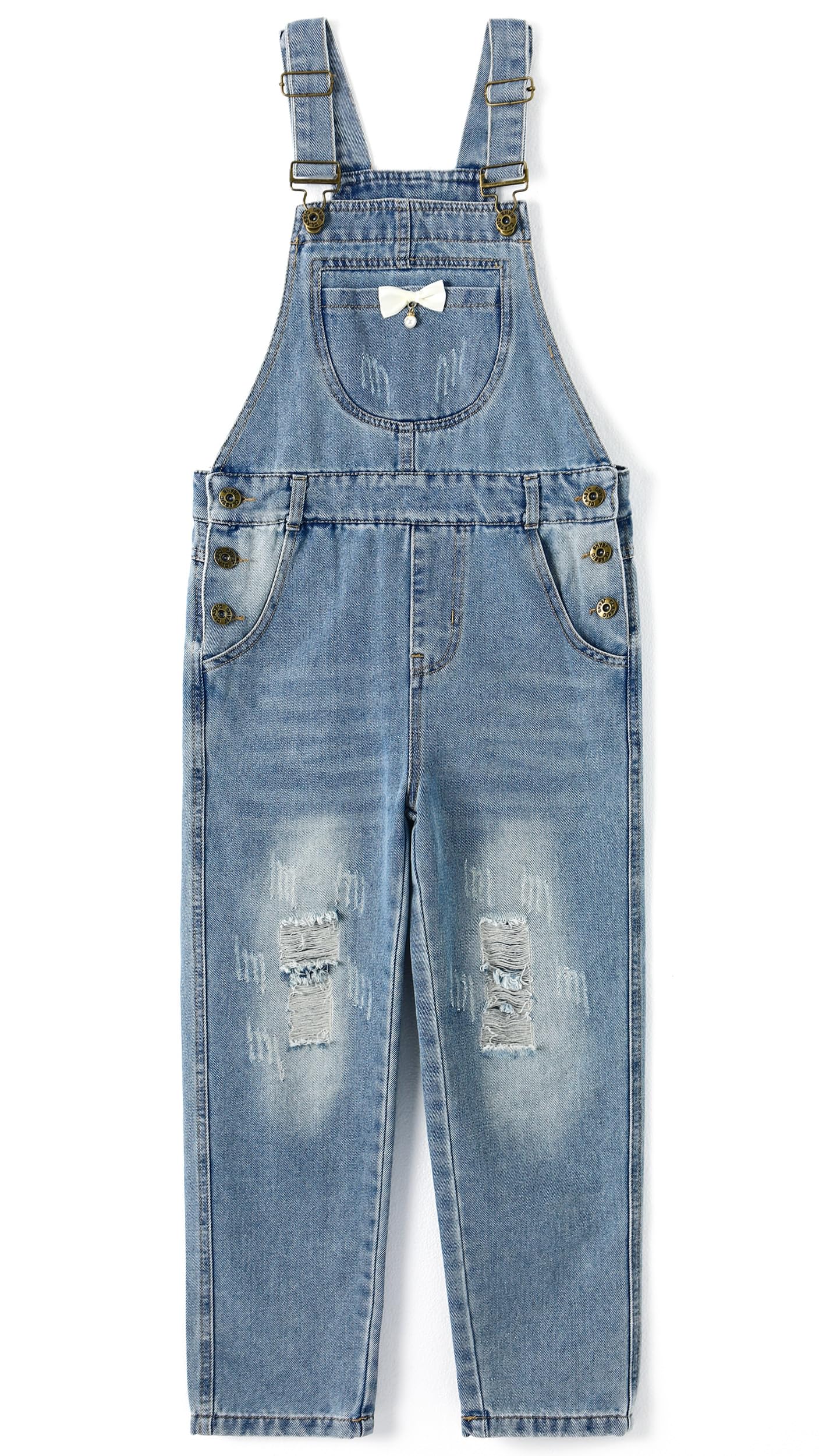 KIDSCOOL SPACE Salopette en jean pour fille, vêtements de travail en jean déchiré pour petit grand enfant