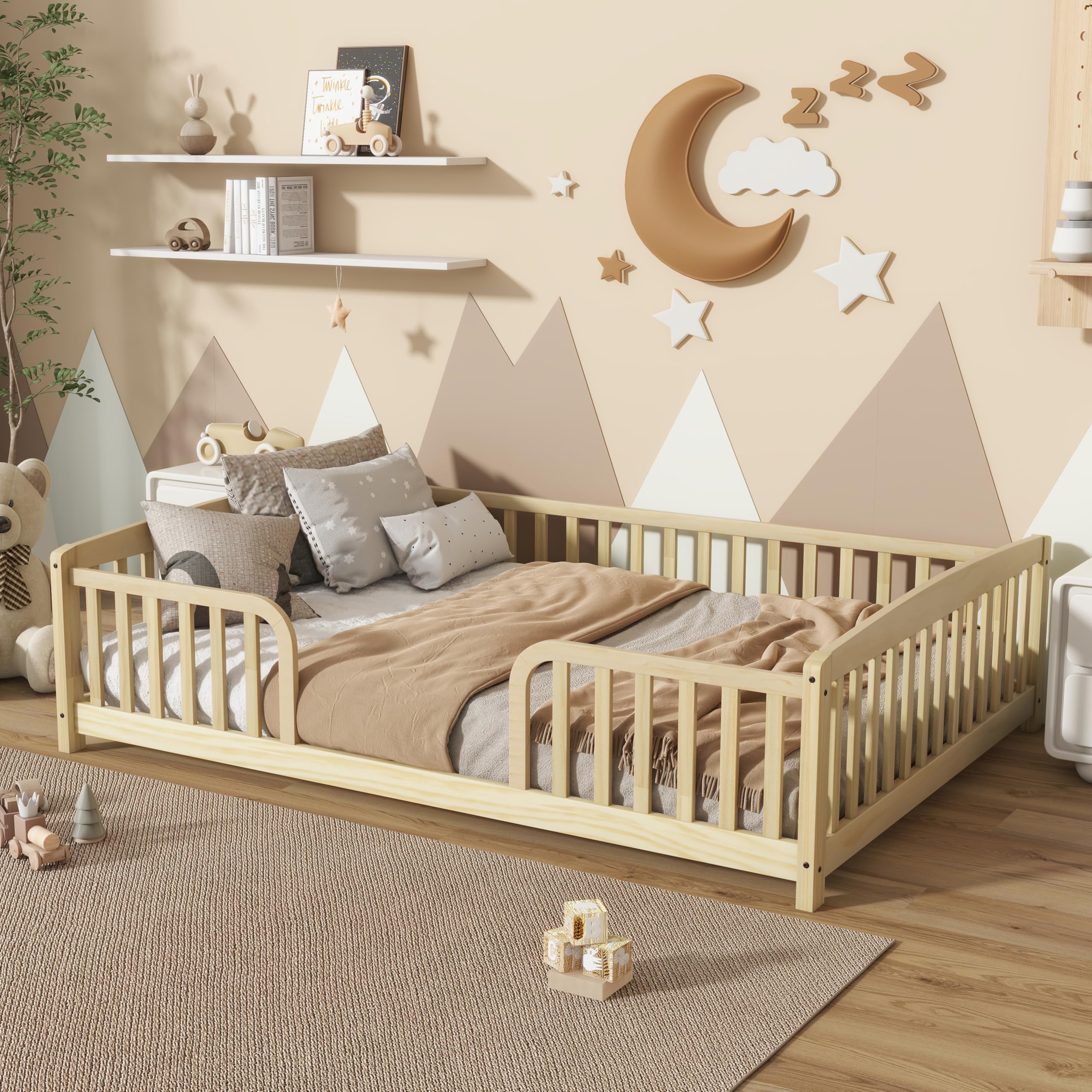 Bellemave Full Size Montessori Floor Bed Frame with High Fence, Solid Wood Kids Floor Bed with Central Entrance, Low Profile Bed for Boys &amp; Girls, Rounded Corner Design,Natural